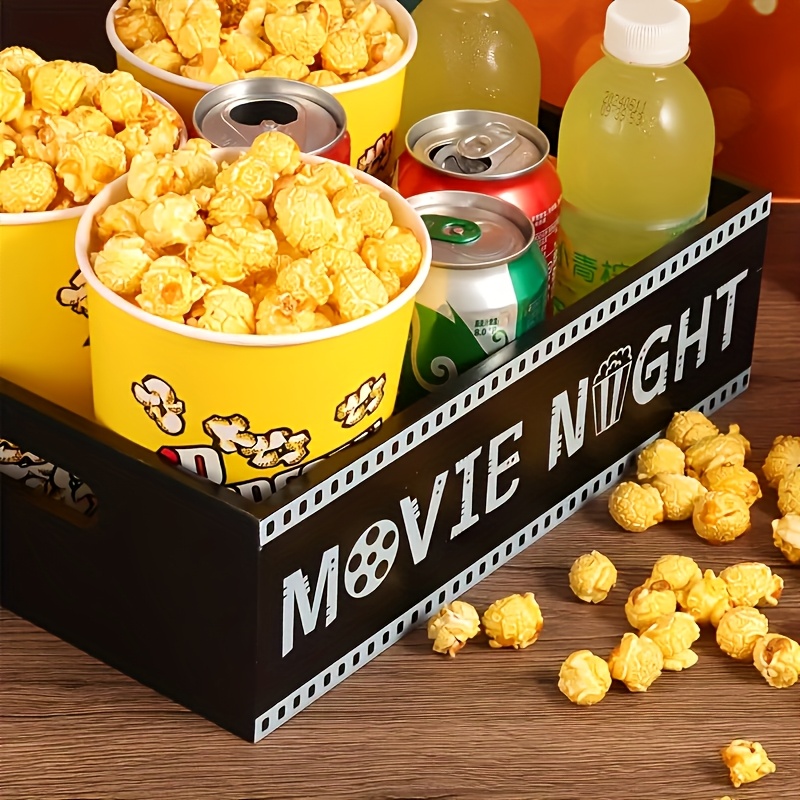 TEMU Storage Basket 1pc Wooden Movie Night With Handle - Rectangular Storage Box, Not Waterproof, Perfect For Night Party Supplies, Storage Box For