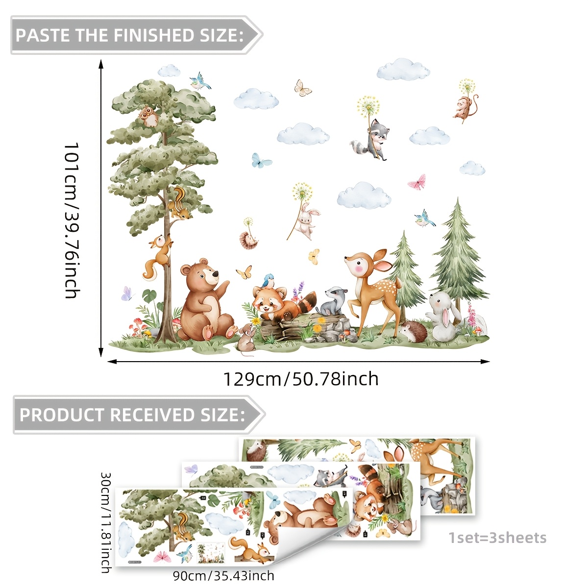 Image of A Set Of 3pcs, 30*90cm Each, Cloud Plum Deer Rabbit Animal Wall Stickers, Self-adhesive Living Room Bedroom Home Background Decoration Stickers Ms3329-yl