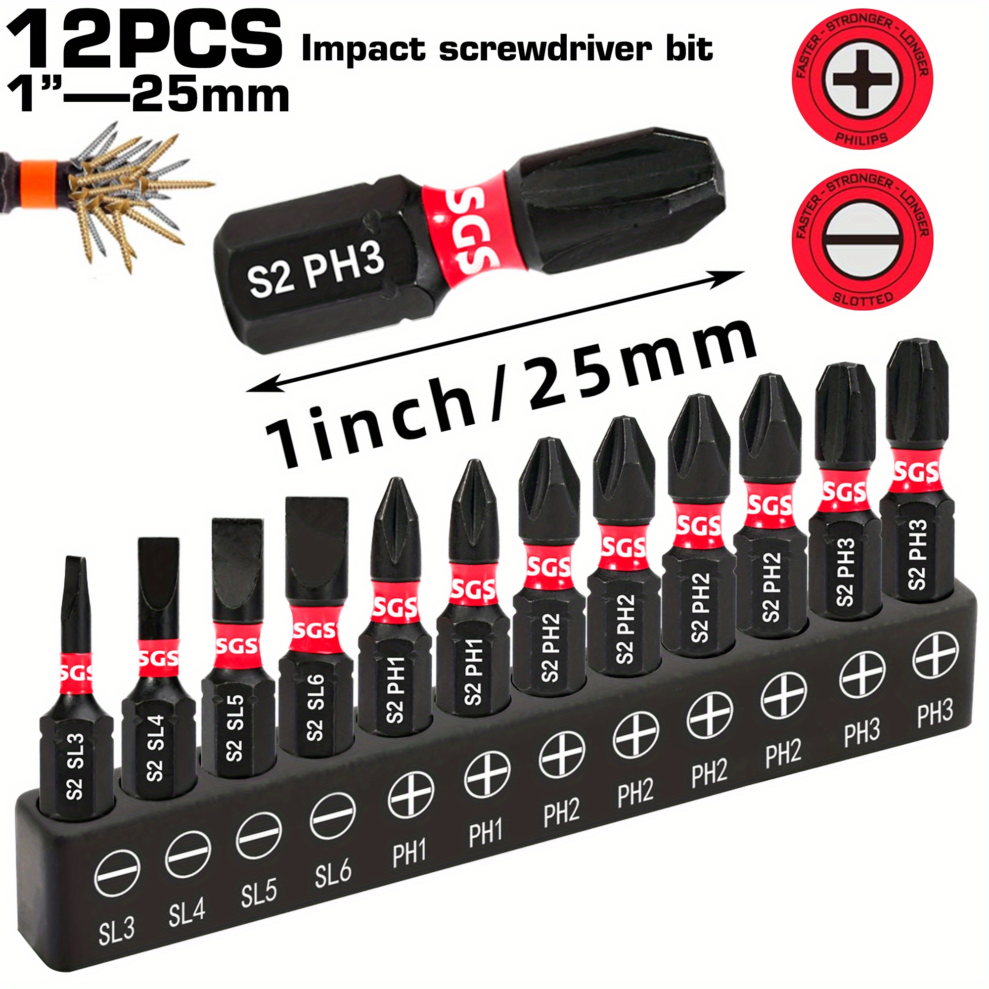 S2 Steel Hrc 61 Magnetic Bit Set, Full Coverage Of Cross/slotted, For Power Tools & Home Decoration, With Black Storage Base
