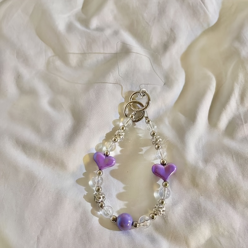 TEMU 1pc Pink Purple Heart Beaded Phone Chain, Anti-lost Lanyard, Versatile Accessory For Phone, Bag & Key, Delicate Gift For Girlfriend & Wife