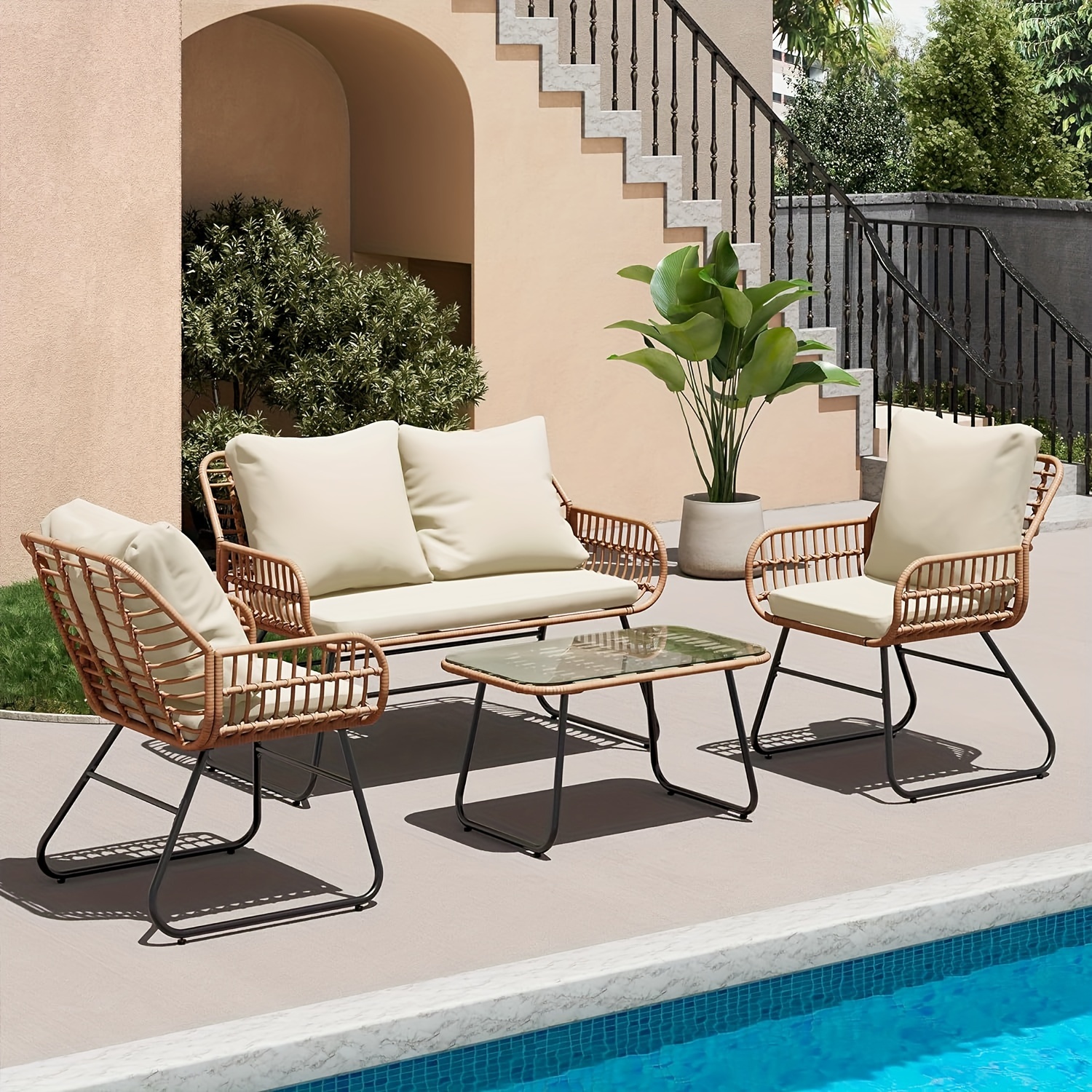 

4-piece Rattan Patio Furniture Set, All-weather Bistro Conversation Loveseat, Chairs, And Table Set For Outdoor Living Spaces, With Cushions And Metal Table