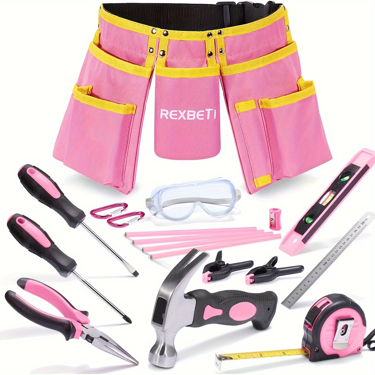 

18pcs Pink Young Builder's Tool Set With Real Hand Tools, Reinforced Tool Belt, Waist 20"-32", Tool Kit For Home Diy And Woodworking (pink)