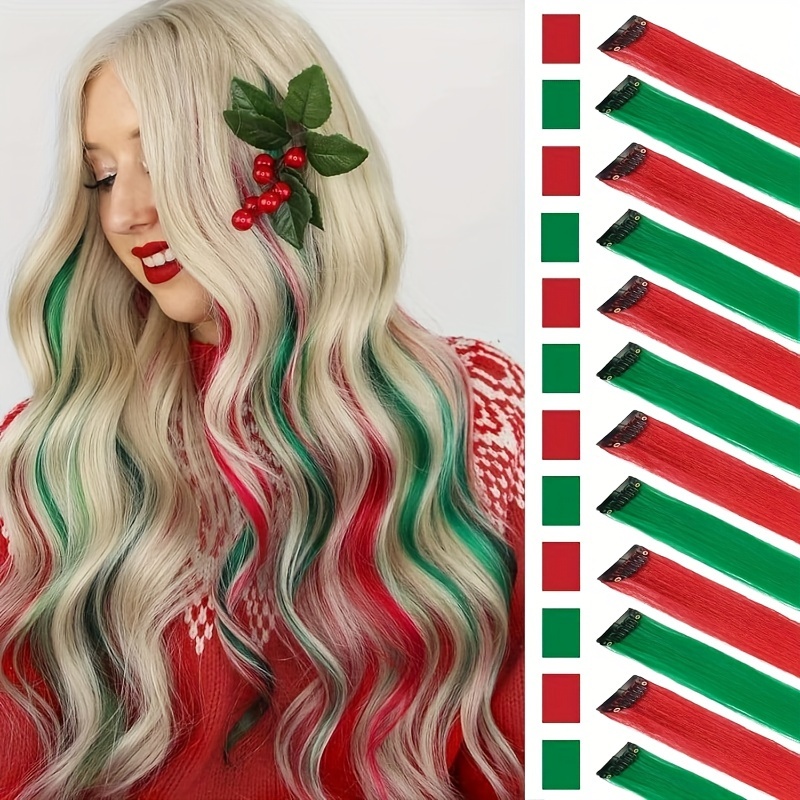 

12-pack Christmas Color Hair Extensions, 55cm Red & Green Clip-in Synthetic Hair Pieces, , No Shedding, No Splitting, Heat-friendly, For All Genders And , Festive Parties And Styling