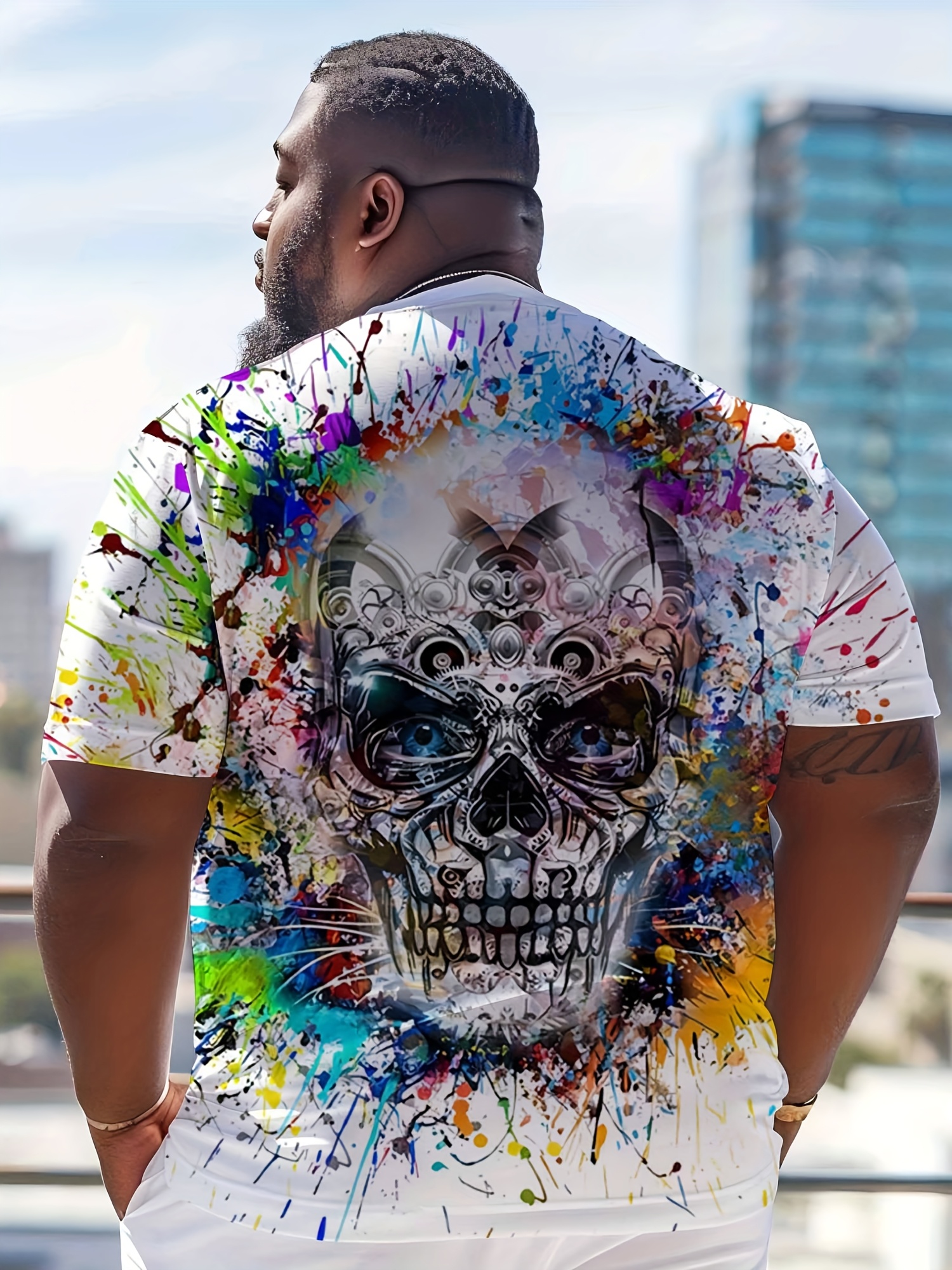 Men's 3D Printed Skull Graphic T-Shirt - Vibrant Colorful Streetwear Design, Breathable Regular Fit Round Neck, Machine Washable Summer Casual Top, Cool Gift for Men, Streetstyle Clothing, Artistic Fashion, Comfortable Fabric, PLUS SIZE
