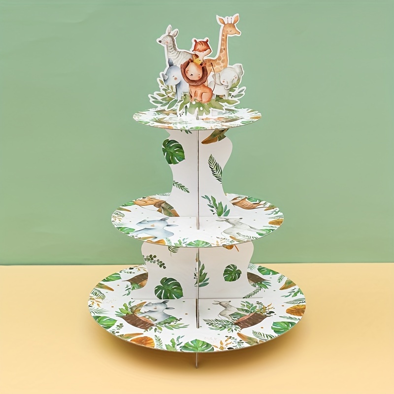 

Jungle Safari 3-tier Cupcake Stand - Green Forest Animal Theme Party Decor For Birthdays & Youngsters Showers