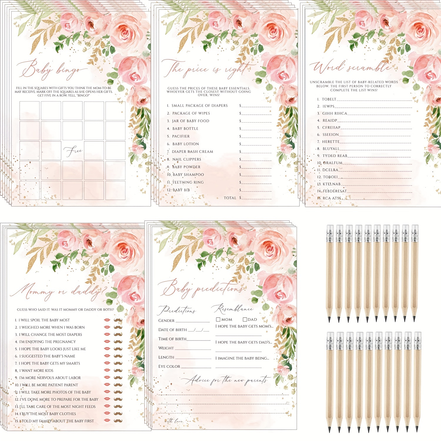 

120pcs Floral Baby Shower Games, Baby Shower Game Activities Floral Cards With Pencils Includes Bingo Guess Who Price Is Right Description Word Game