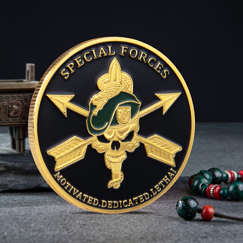 

Special Forces Commemorative Challenge Coin - Contemporary Style Metal Collector's Item, Round Shape, Us Army Green Beret Emblem - Motivated, Dedicated, Lethal Inscription