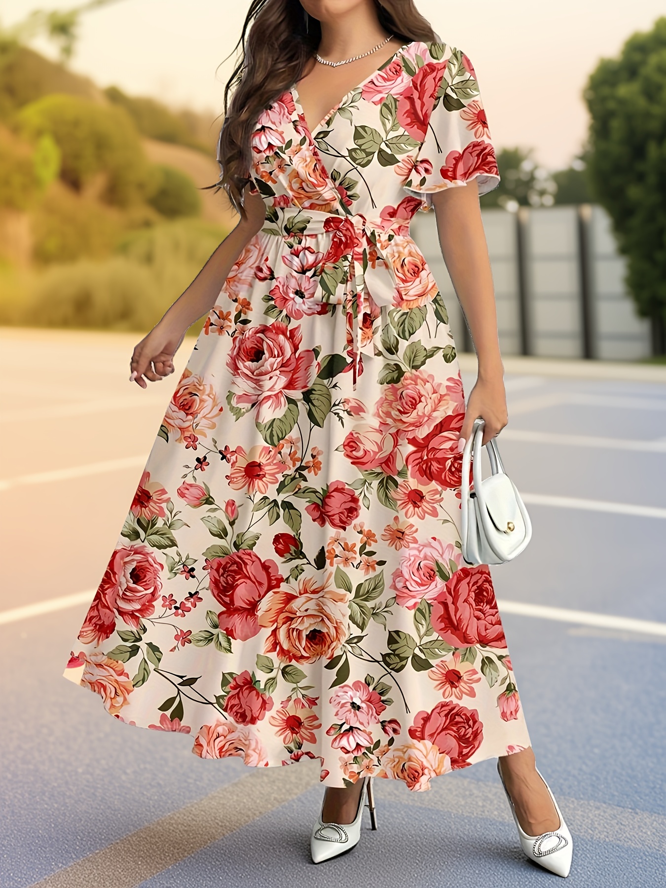 robe taille décontractée simple à motif floral rétro Temu