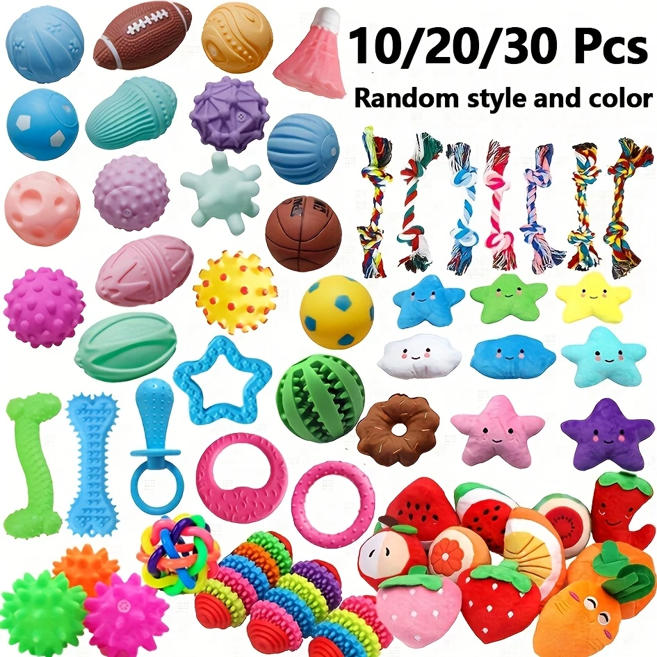 30pcs pet squeaky toys dog ball chew teething toy plush sound activated toy puppy chewing toy plush toy treat dispenser non damaging teeth cleaning unique shaped pet toy relax and fun interactive toy suitable for small medium and large dogs indoor and outdoor play easy to store random styles and colors details 1