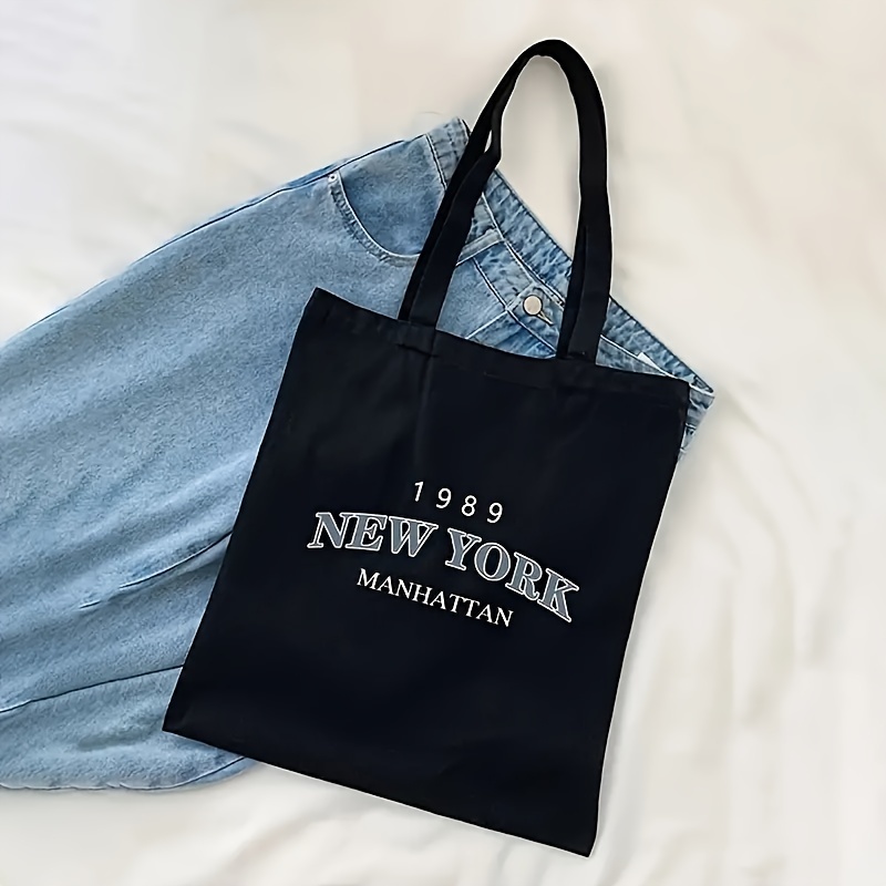 

New York 1989 Manhattan Print Canvas Tote Bag, Durable Shopper Shoulder Bag For Travel & Shopping