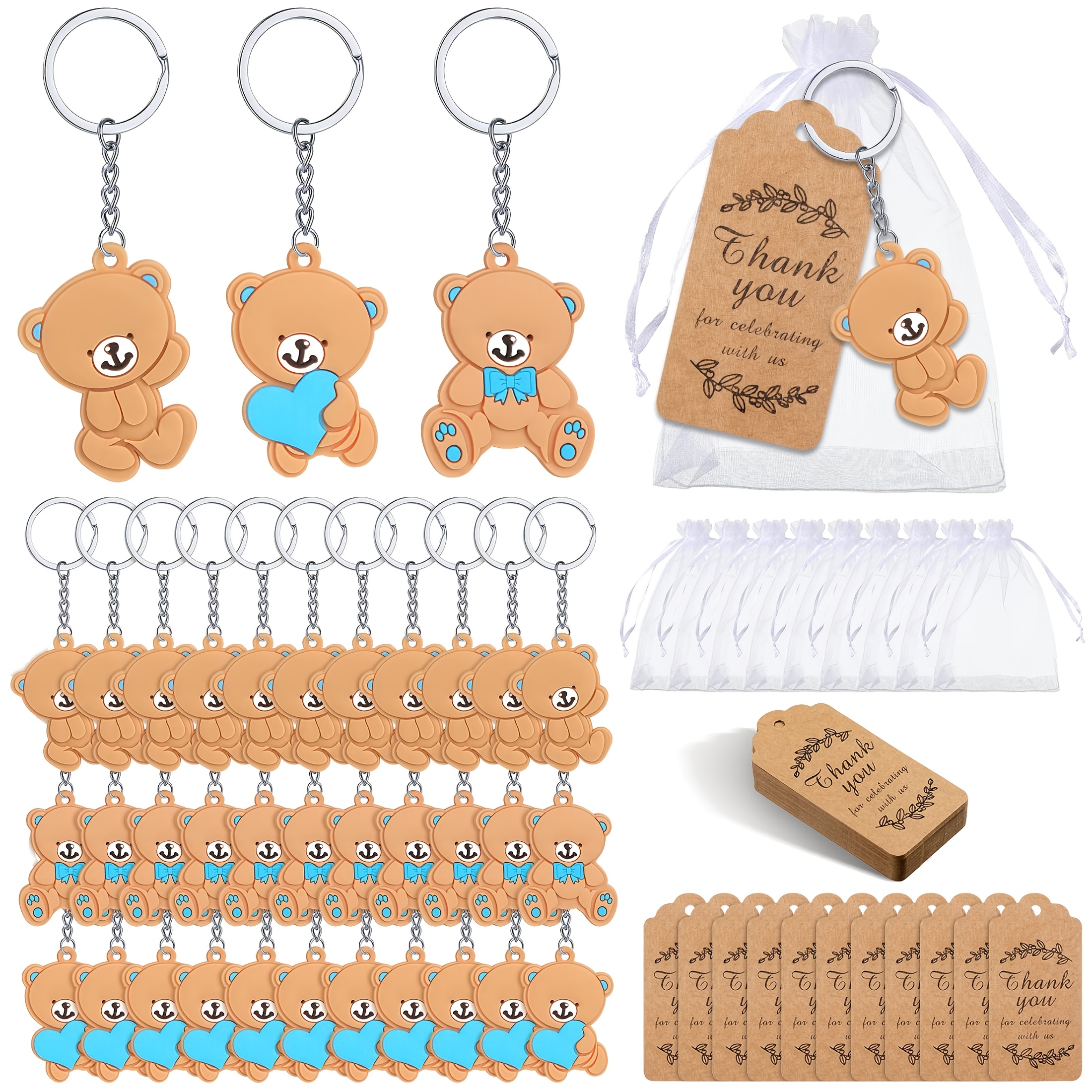 TEMU 2d Flat, Gift For Her/him - 90pcs/30 Sets - 2d Flat Acrylic Bear Shower Favors, Cute Bear Keychain With Organza Bag, Includes Thank You Paper