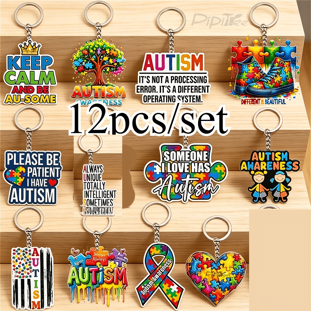 TEMU Flat 2d Style, Autism Awareness Theme Keychain Set Of 12pcs, Includes Autism Promotion And Cognitive Enhancement, Psychological Care Pendant,