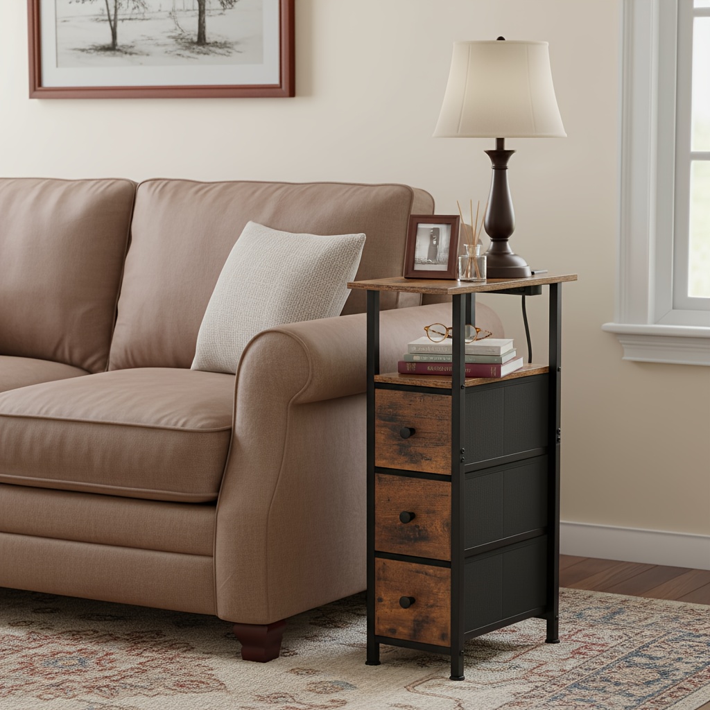 2-Pcs Bedside Table with Charging Station, Space-Saving Design