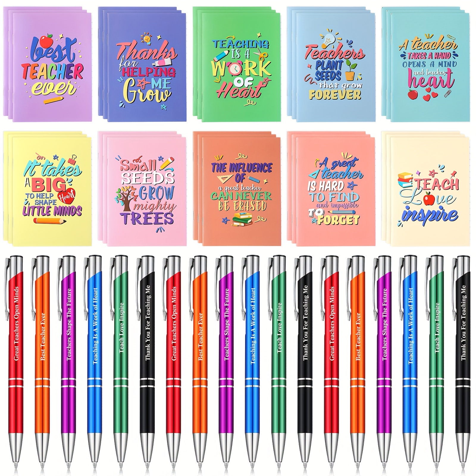 

60 Pcs Teacher Appreciation Gifts, Teacher Ballpoint Pens Notepads Set, Inspirational Teacher Notebook Motivational Pens For Christmas Teacher Appreciation Week Gifts