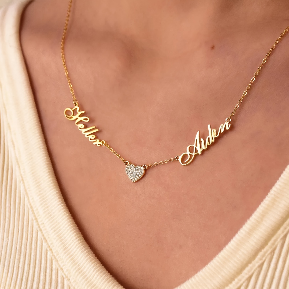 TEMU [customized] Stainless Steel Couple Name Necklace, Composite Cubic Zirconia Heart Necklace, Personalized 2 Nameplate Pendant Necklace, Elegant