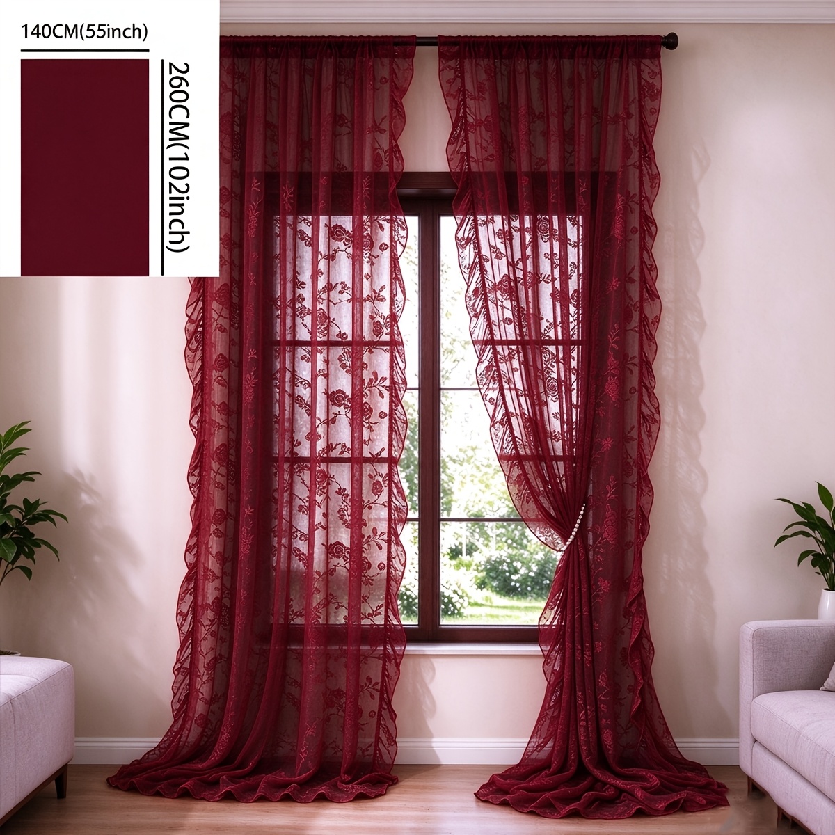 TEMU 1pc Retro Caramel Orange Beige Burgundy Floral Embroidery Sheer Curtain, Scalloped Edge Translucent Window Scarf, Living Room Bedroom Bay Window
