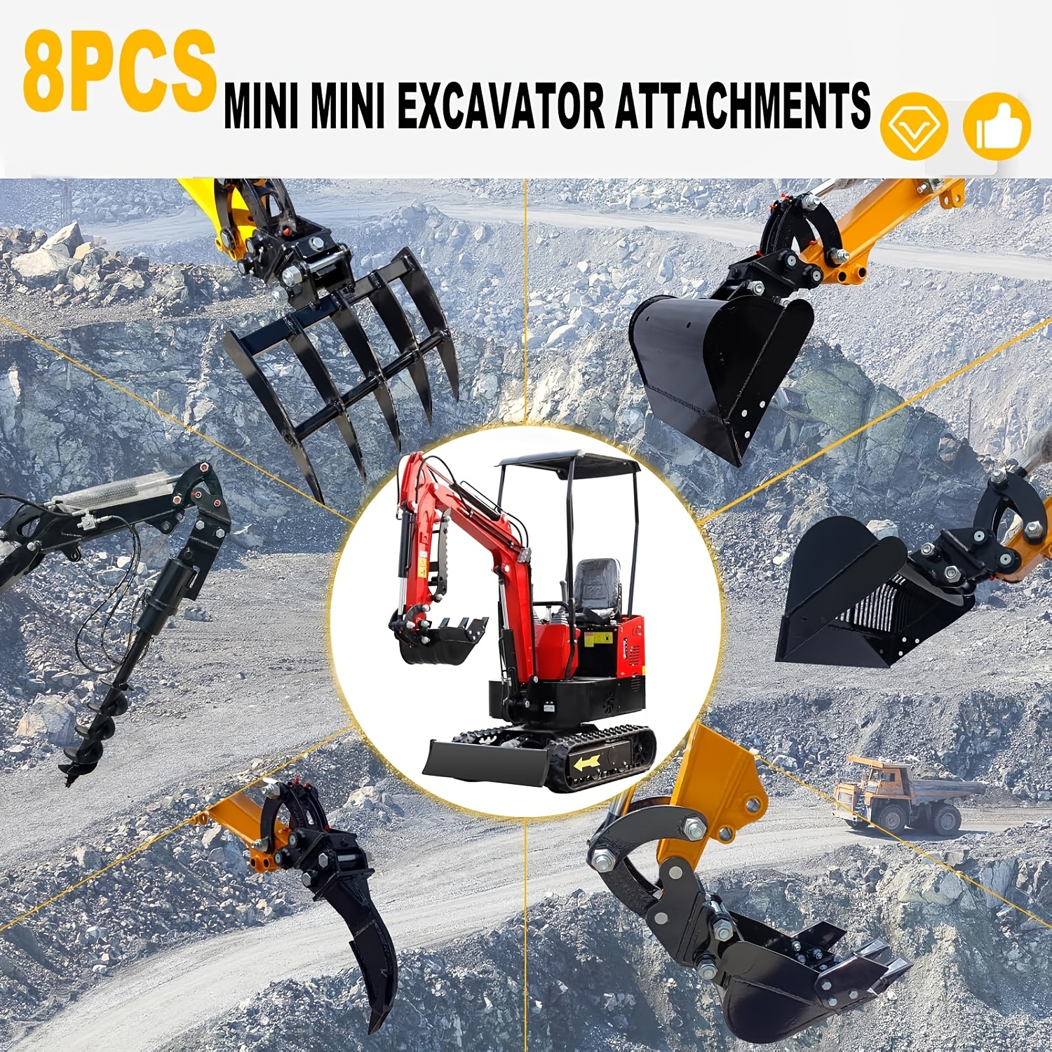 set of 8 mini excavator attachments including   narrow bucket   rake auger   and screening bucket for small     in   Product details 4