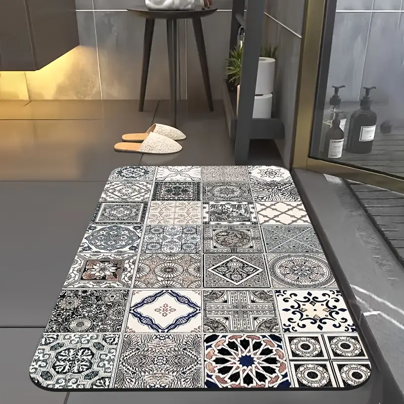 1pc diatomite bath mat classic retro tile pattern print design quick dry non slip absorbent floor mat soft and comfortable for bathroom shower laundry room bedroom doorway kitchen rug rv bathroom Product details 3
