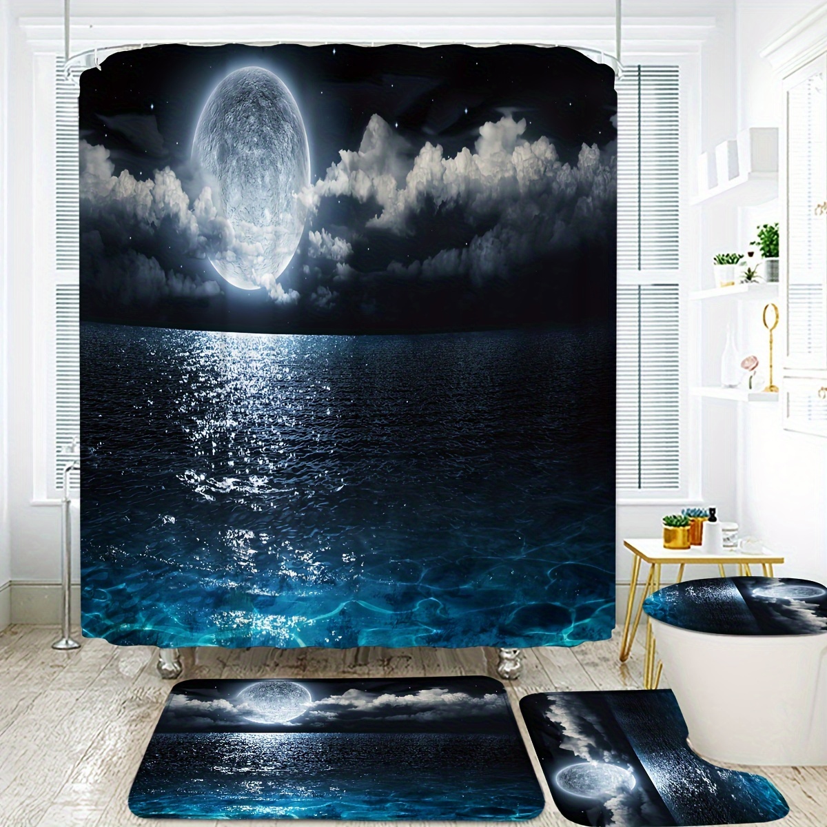 

1/4pcs Sea Shower Curtain, Sky Pattern Rectangular Shower Curtain, 70.8x70.8inc, 12 , Thickened Bathroom Mat, And U-shaped Mat, A To Bathroom