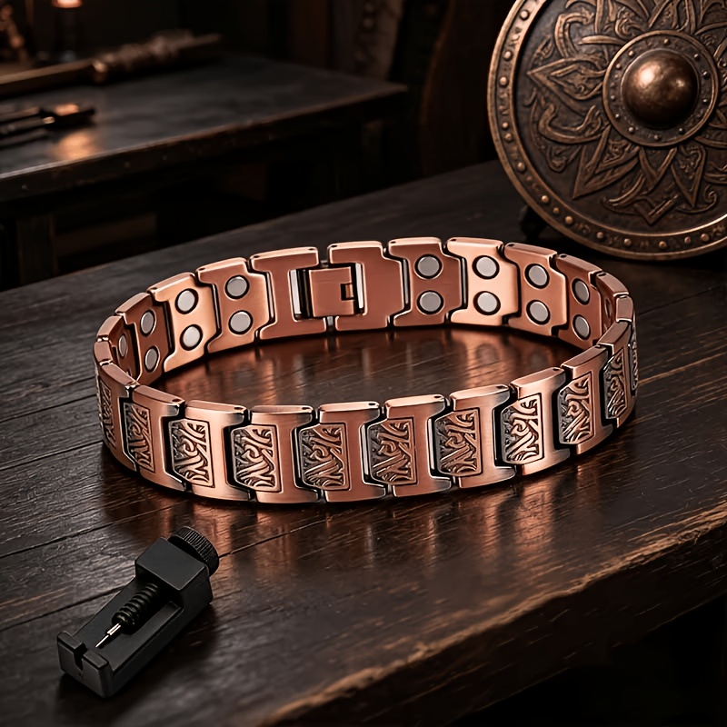 TEMU 2pcs Viking Style Copper Magnetic Bracelet And Sizing Tool Set, Men's Copper Bangle Magnetic Bracelet Jewelry Accessory Gift, 's Present