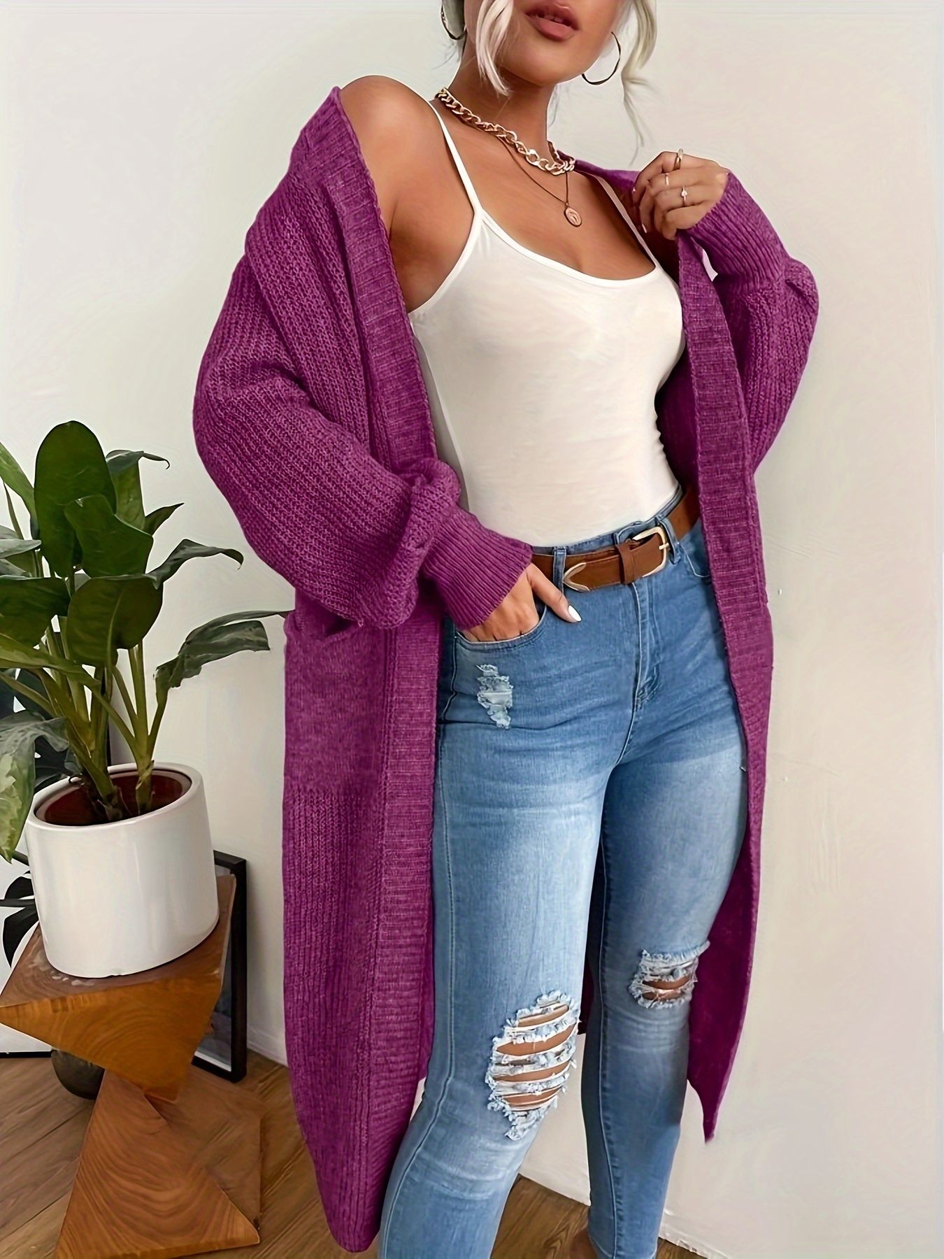 Solid Open Front Knit Cardigan Casual Lantern Sleeve Long Length Loose Sweater With Pocket Women s Clothing