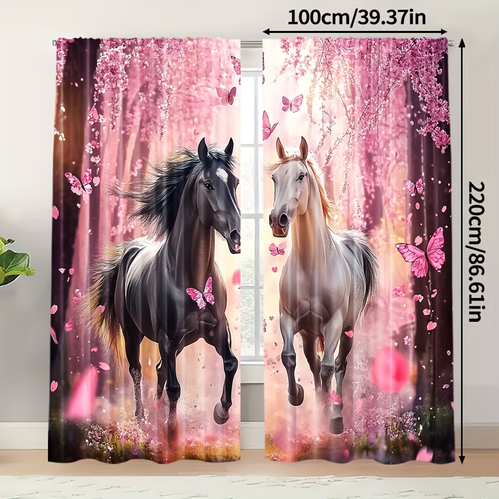 TEMU 2pcs, Curtains Cherry And Horse Fabric (without Rod, No Movement, No Battery), Doorway Curtain Art Deco Festive Ideal For Bedroom And Rooms