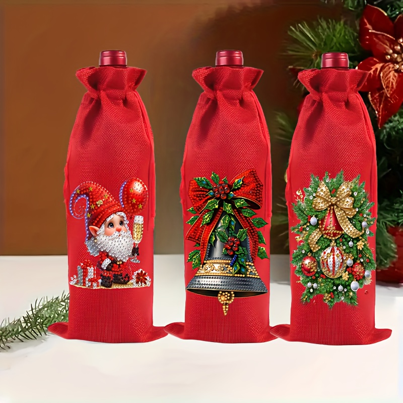 Image of 3pcs Diamond Painting Wine Bag Decoration Set, Red Wine Theme Hand Craft Kit, Adult Number Diamond Sticker, Christmas-gift Box-style Holiday Party Present