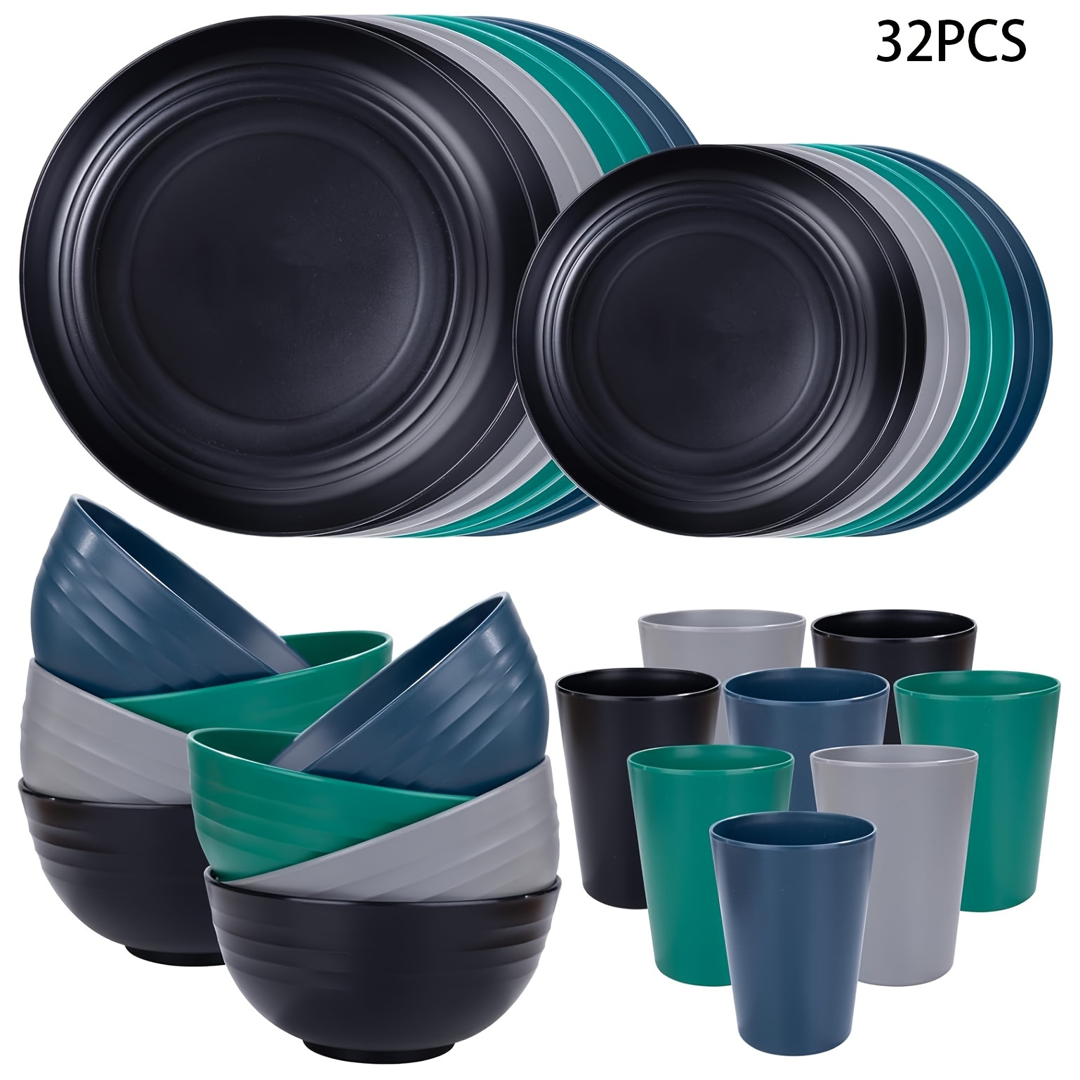 

32pcs Unbreakable Plastic Dinnerware Set For 8 - Includes Plates, Bowls & Cups - Dishwasher & Microwave Safe - Home, Camping & Picnics