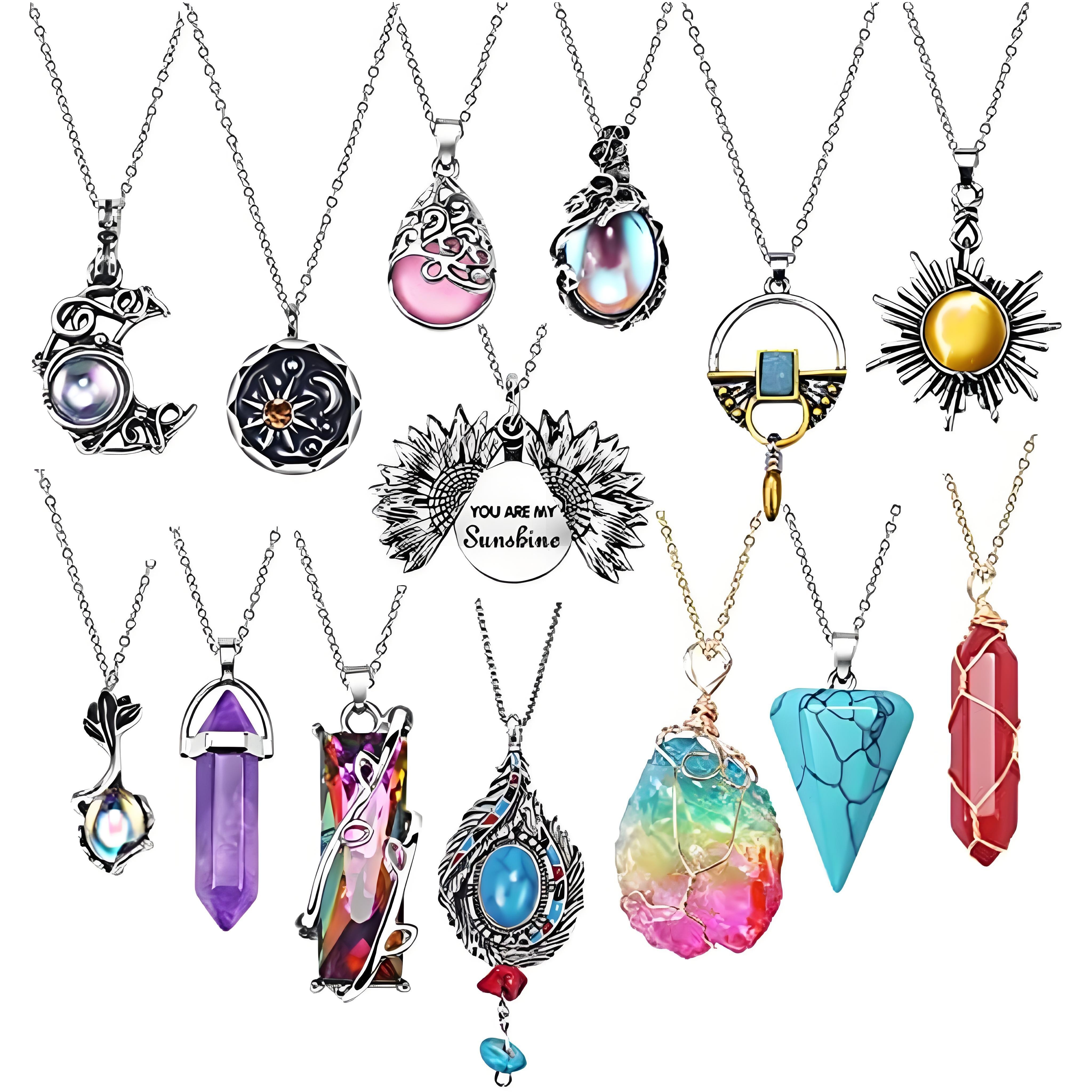 

14 /set Colored Stone Pendant Necklace Set, Necklace, Women's , Accessories Jewelry Set