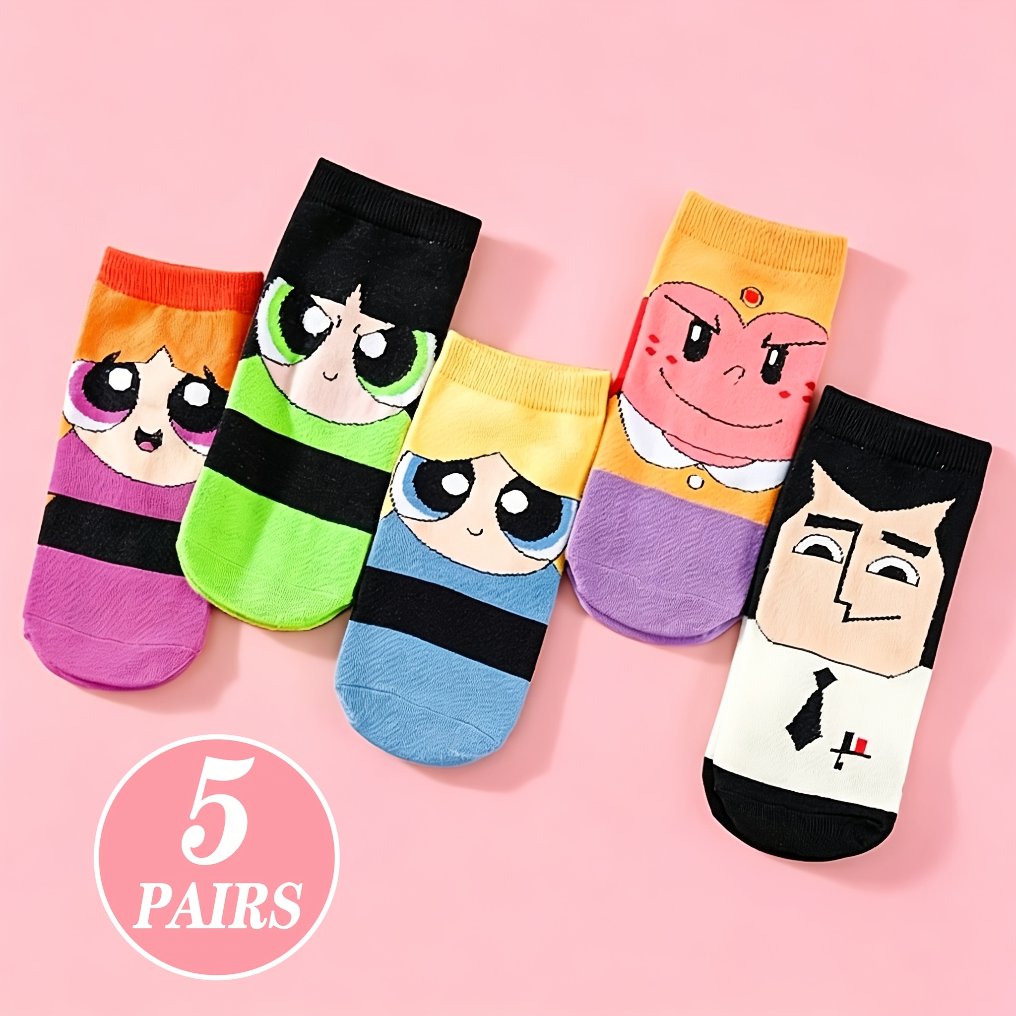 TEMU 5 Pairs Women's Socks Cute Cartoon Fun Warner . Collaboration Powerpuff Series Individual Short Socks Sweat-absorbing Spring Summer Style