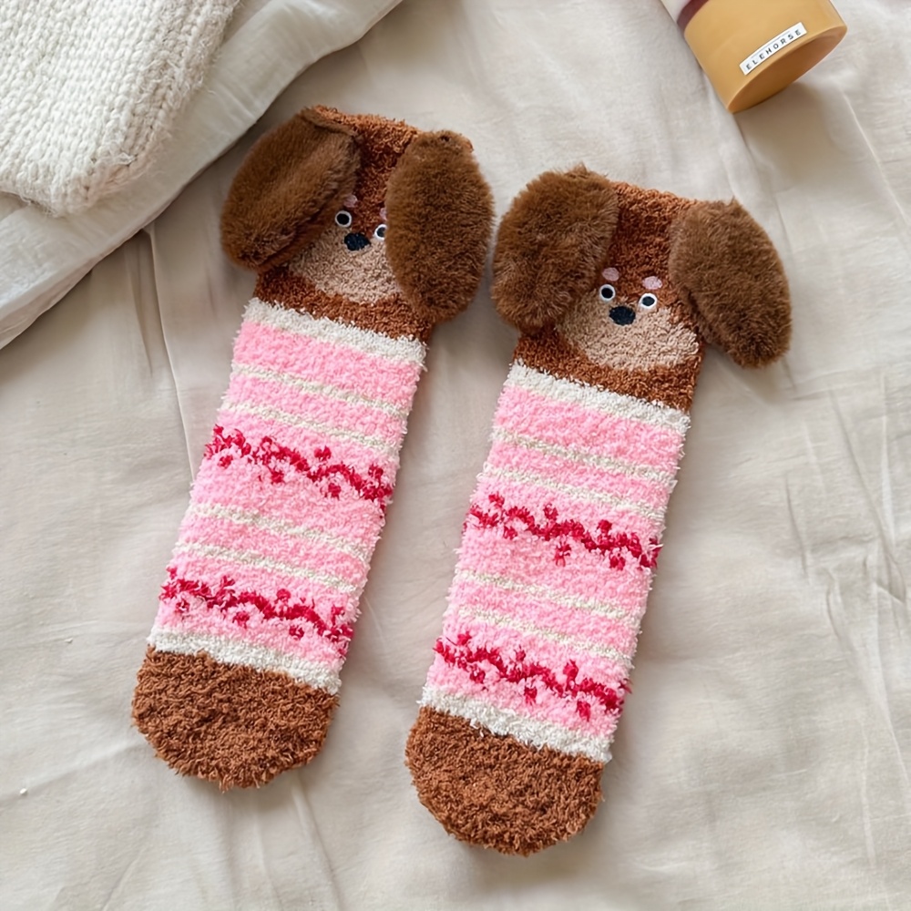 TEMU Single Pair Women's New Cartoon Dachshund Coral Fleece Embroidered Christmas Mid-calf Socks Home Floor Socks Women's Socks Non-shedding Sleep