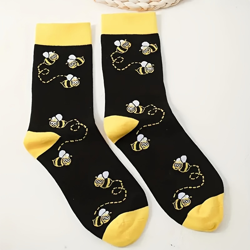 

Cartoon Bee Socks, Cute & Breathable Mid Tube Socks, Women's Stockings & Hosiery, Pair, Pattern