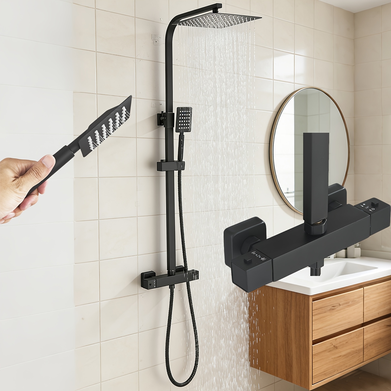 Image of Thermostatic Shower System With Rain Shower & Handheld Spray - 8-inch Square Wall-mounted Temperature, Adjustable Height Shower Unit, Suitable For Bath/shower, Modern For And For Rental