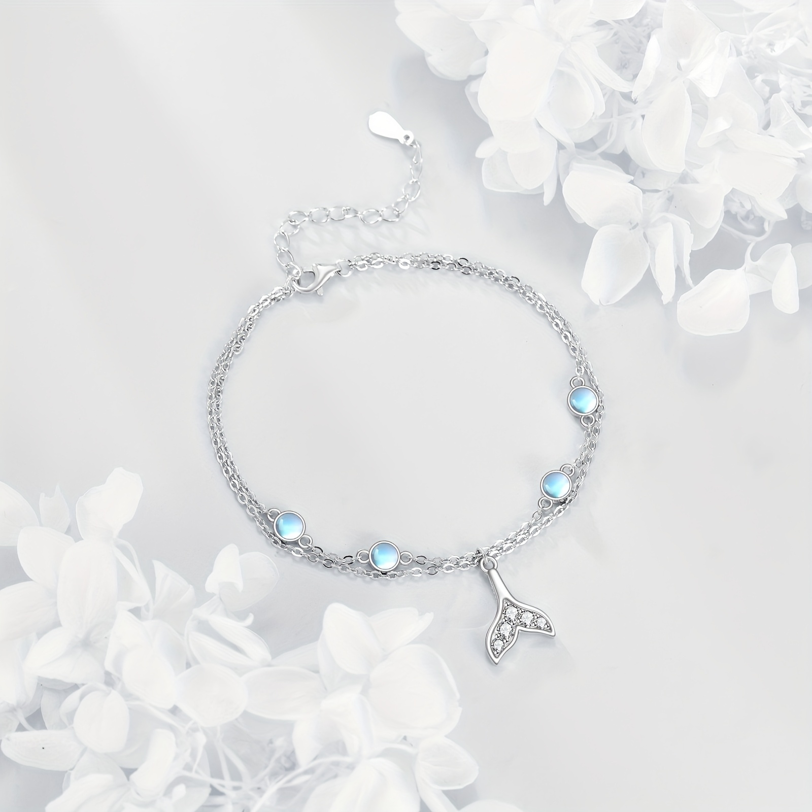 Moonstone Mermaid Tail Sterling Silver Anklet Beach Jewelry