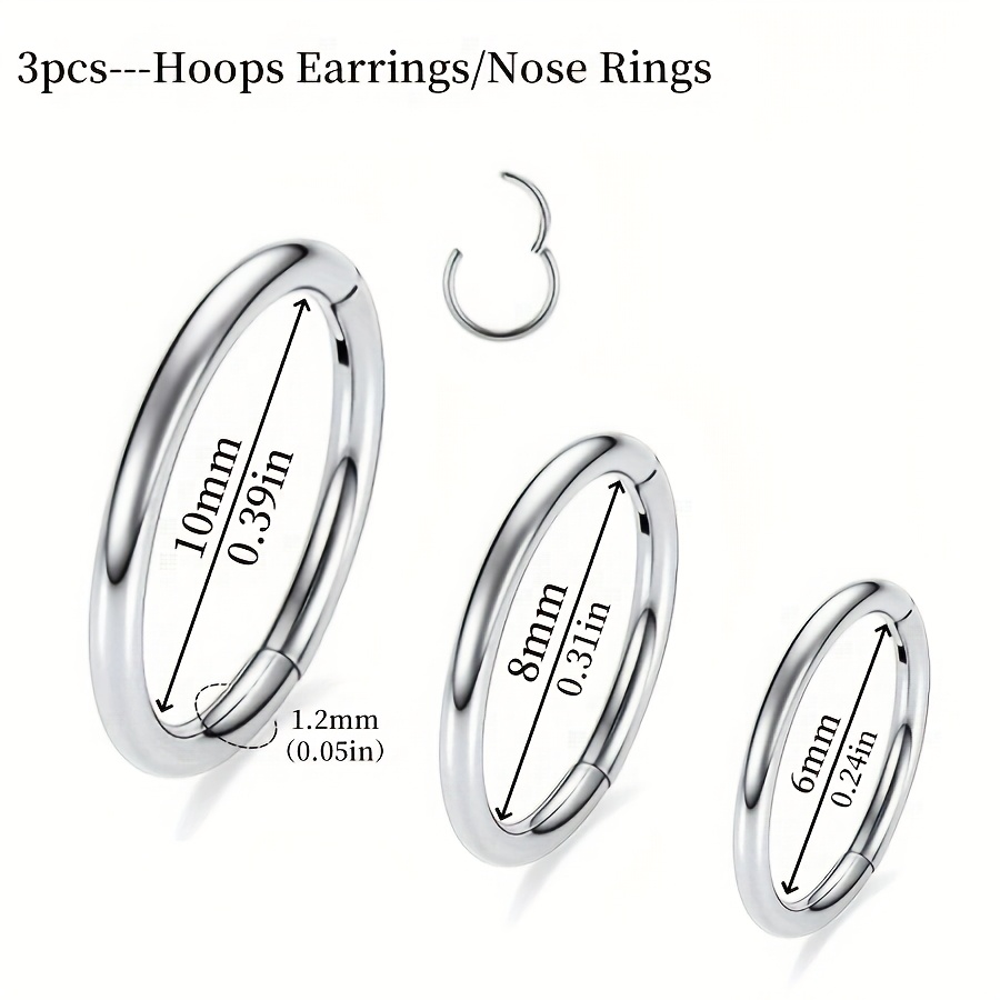 TEMU Conjunto de 3 piezas de Pendientes Pequeños de con Bisagra de Acero Inoxidable para Mujer, Elegantes y de 16G, Anillo de Nariz Sin Costuras,