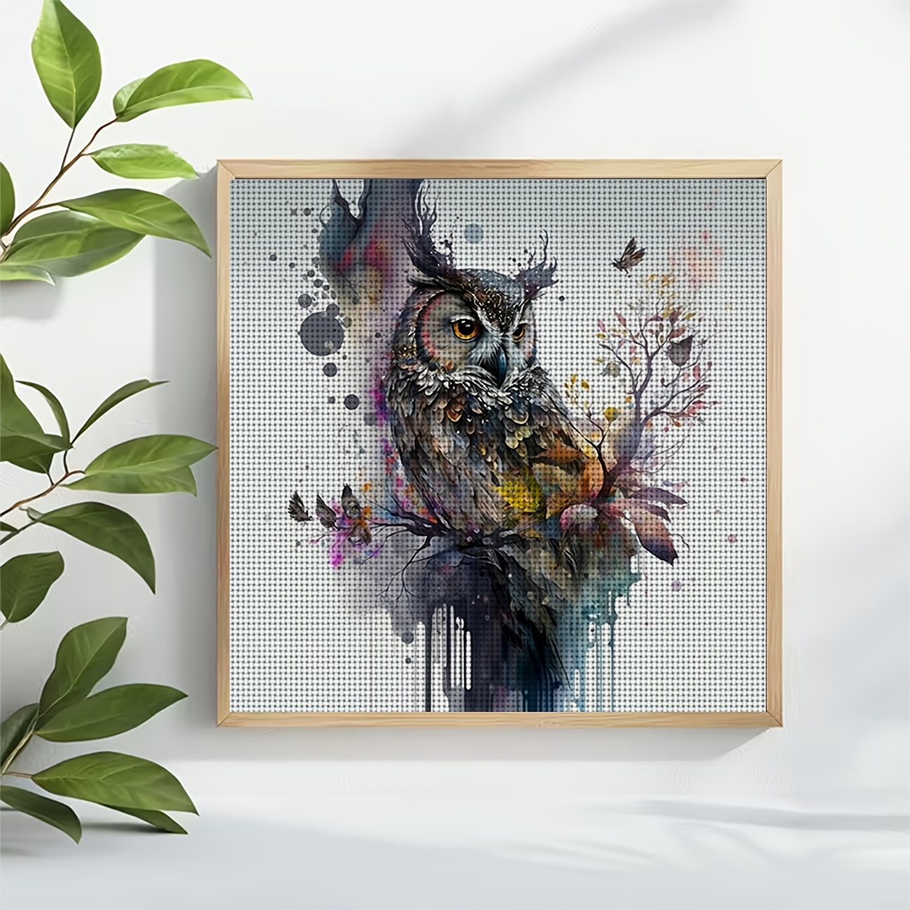 Cross Stitch Printed Kit, Frameless, Watercolor Owl And Floral Butterflies Design