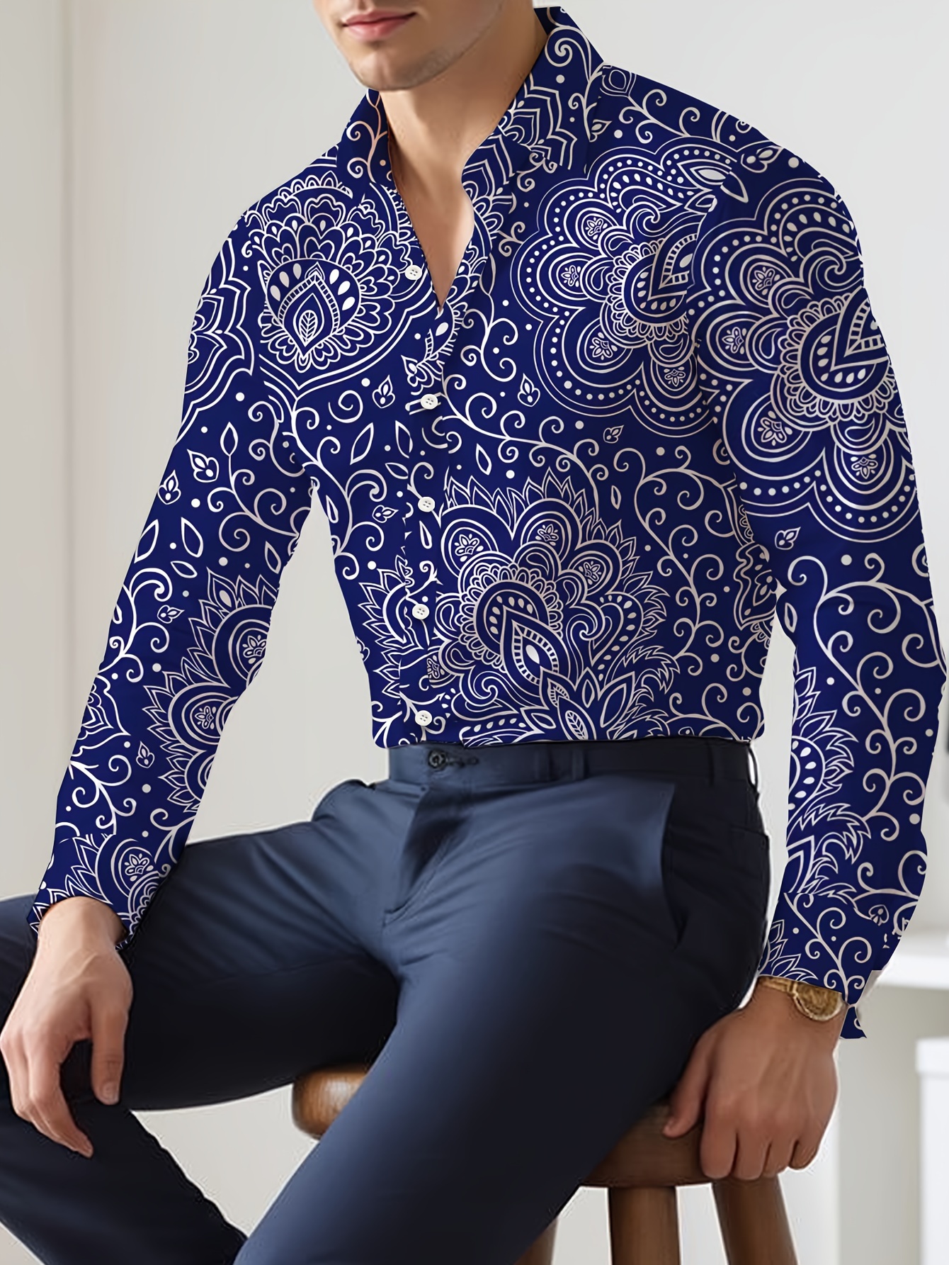 blue floral dress shirt men long sleeve Temu