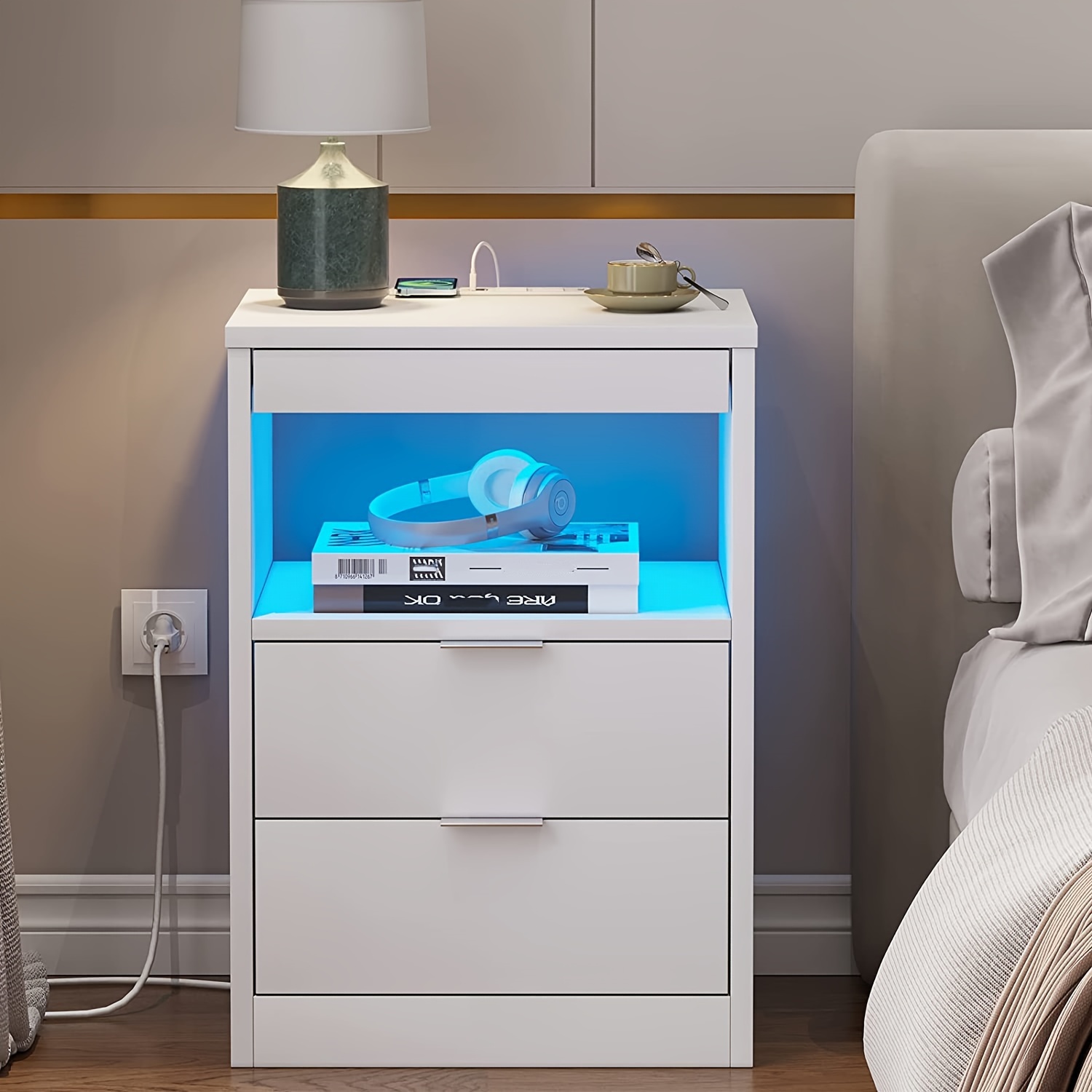 

1pc, White Led Nightstand With Charging Station, Modern Bedroom End Side Table With Led Lights And 2 Drawers, Sofa Side Table With Pull-out Shelf