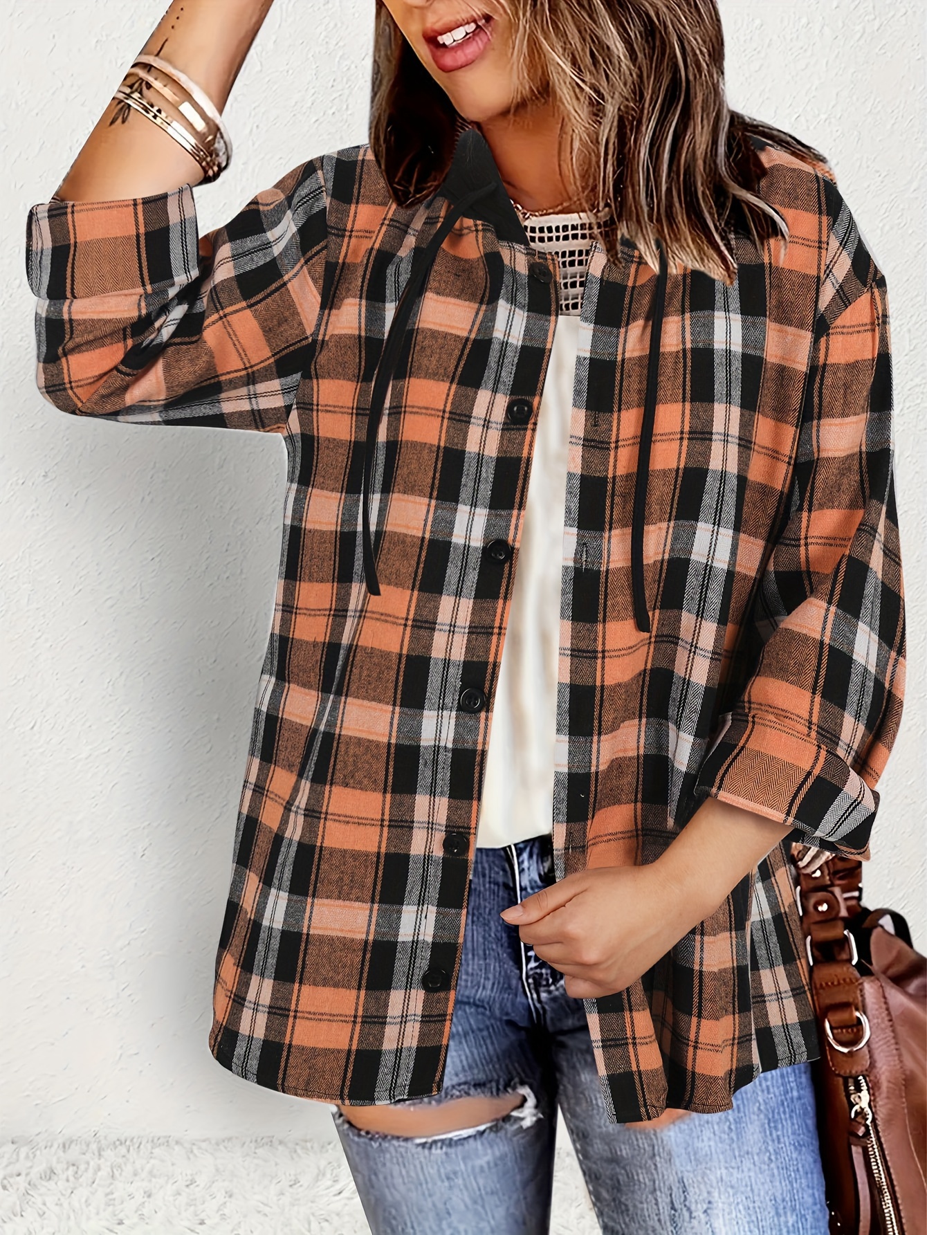 plaid print hooded blouse casual long sleeve blouse for spring fall womens clothing details 1