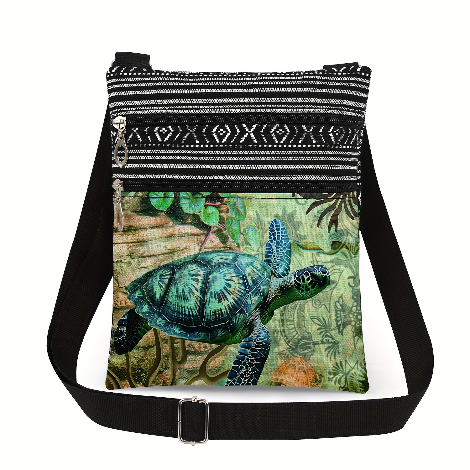 Image of Women's Vintage Sea Turtle Print Crossbody Bag - Adjustable Strap, Foldable Lightweight Polyester Shoulder Bag With Zipper Closure For Travel, Beach & Casual , Vintage Animal Design, Easy Carry Straps