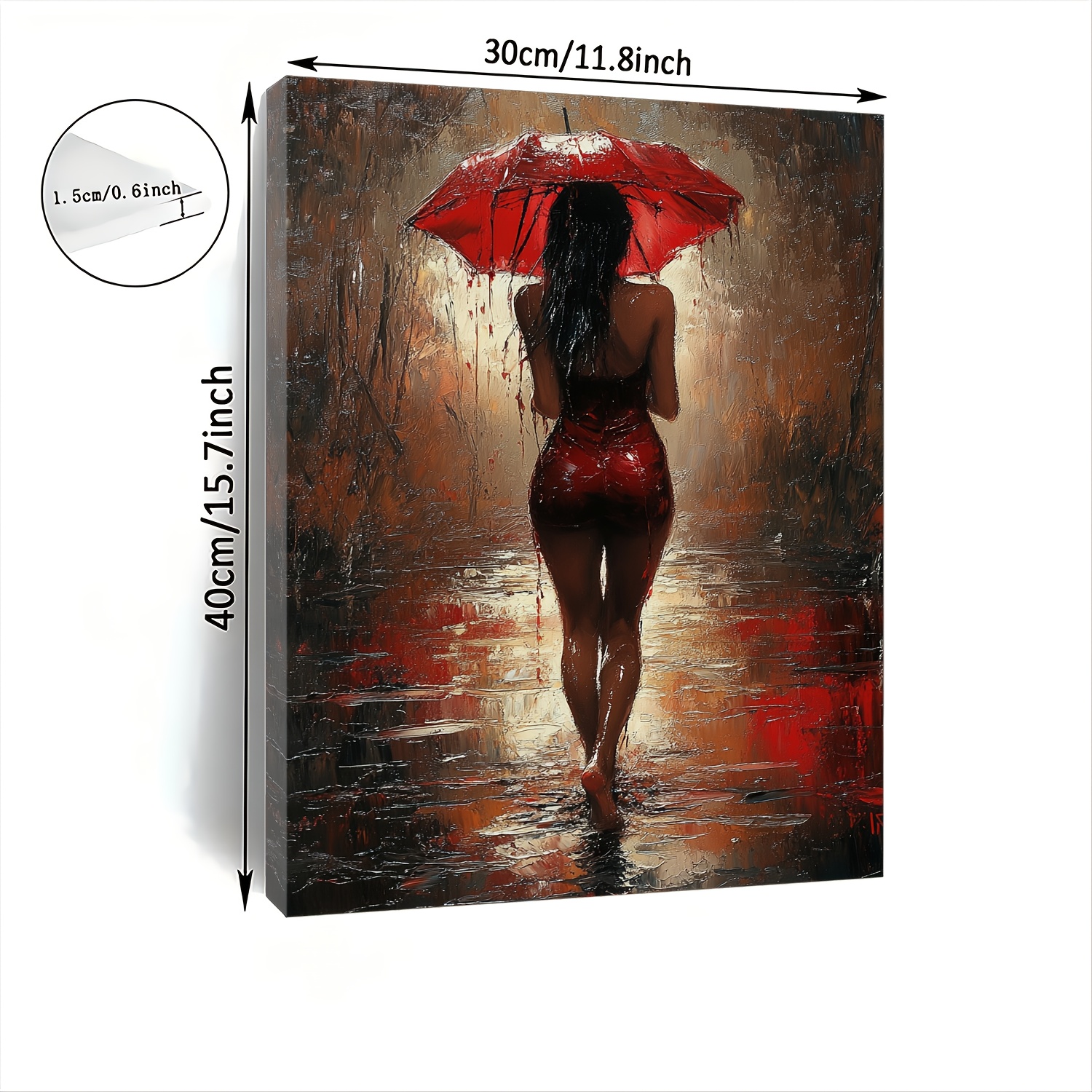 TEMU 1pc Wooden Framed Canvas Painting - Scene In Red Dress & Umbrella, Vibrant Wall Art For Living Room, Bedroom, Kitchen, Office Decor, Ideal