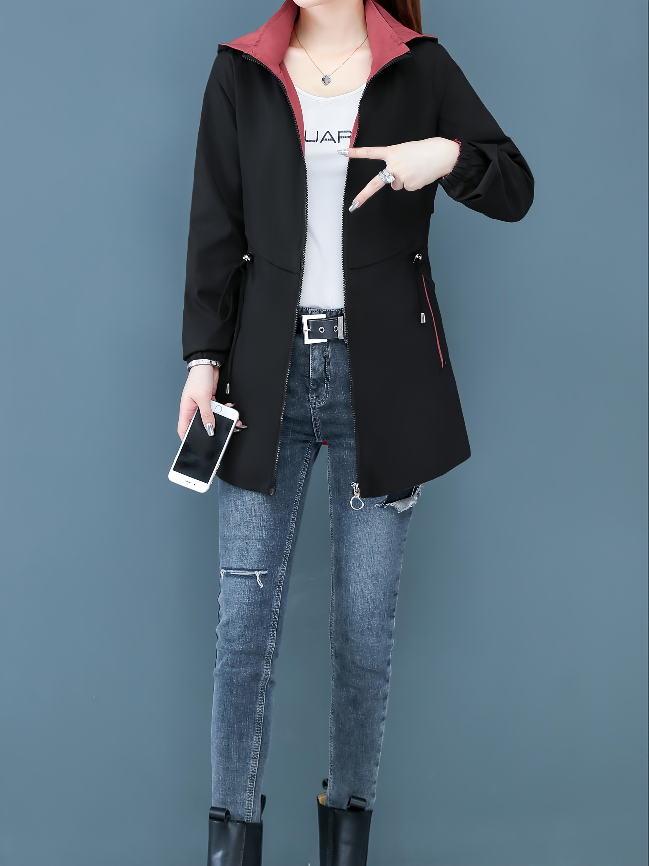 Alternative view of Abrigo Tipo Trench con Capucha Reversible para Mujer - Chaqueta Ajustada y Casual con Bolsillos Cremallados, Uso…