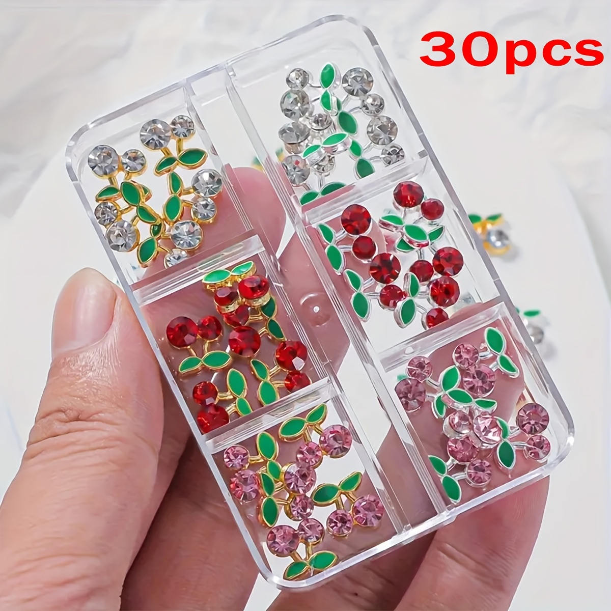 Set Of 30 Glittering Cherry Nail Decorations - 3d Alloy Rhinestone Ornaments In White, Red, And Pink For Nail Art, Safe For Skin