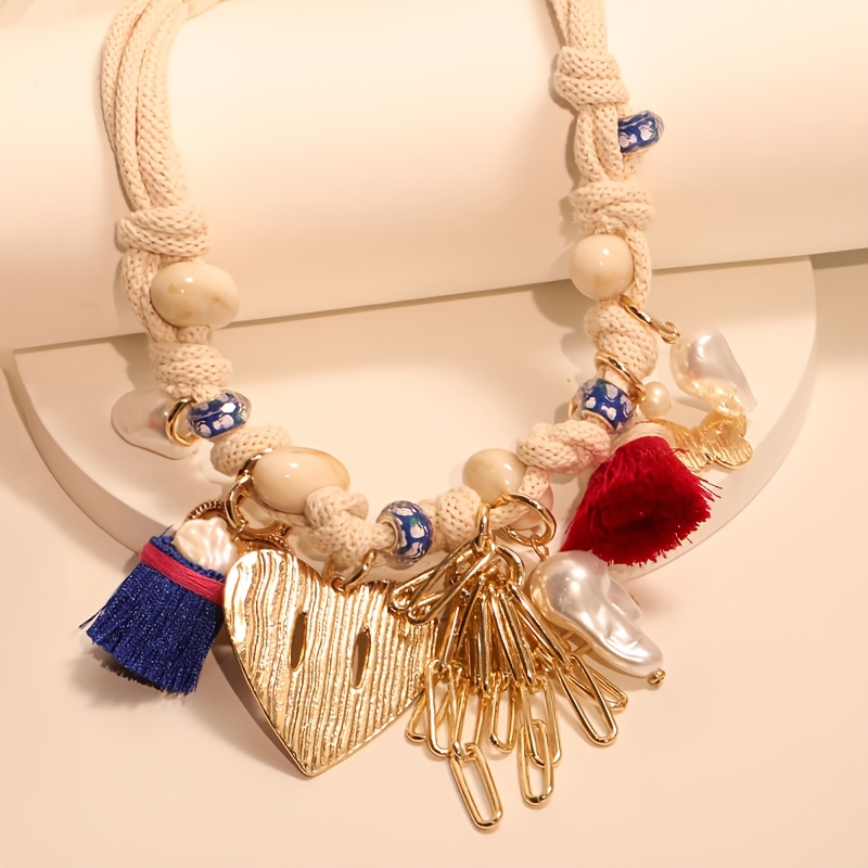 TEMU 1 Collar trenzado con fibra, borla y colgante de de estilo retro - Adecuado para uso diario, fiestas, viajes y vacaciones