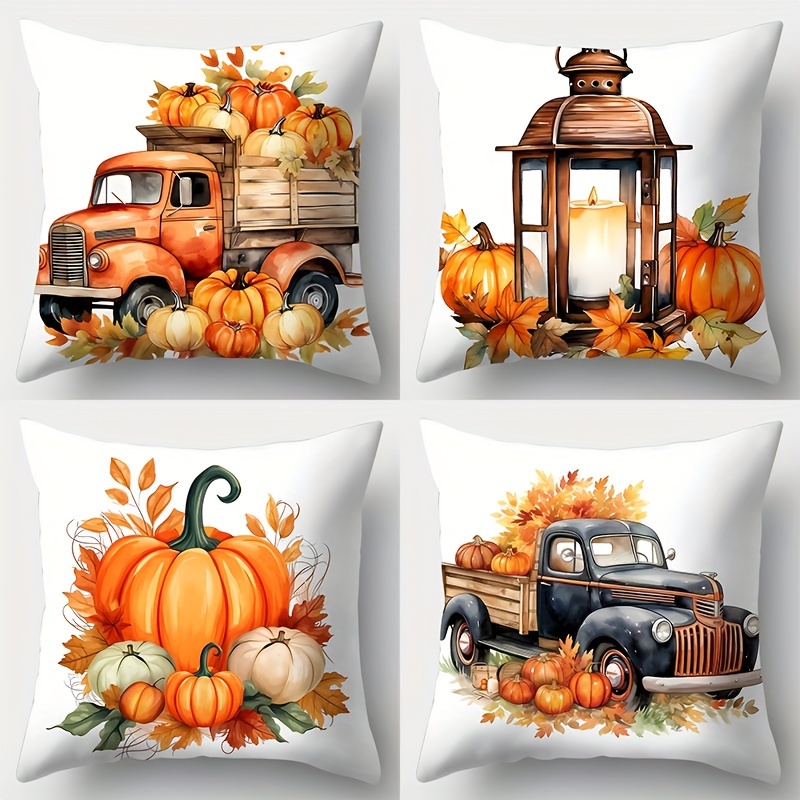 

4-piece Set Artistic Pumpkin & Bat Print Throw Pillow Covers, 17.72" Square - Soft Polyester, Zip Closure, Hand Washable - Perfect For Halloween Decor In Living Room, Office, And Sofa