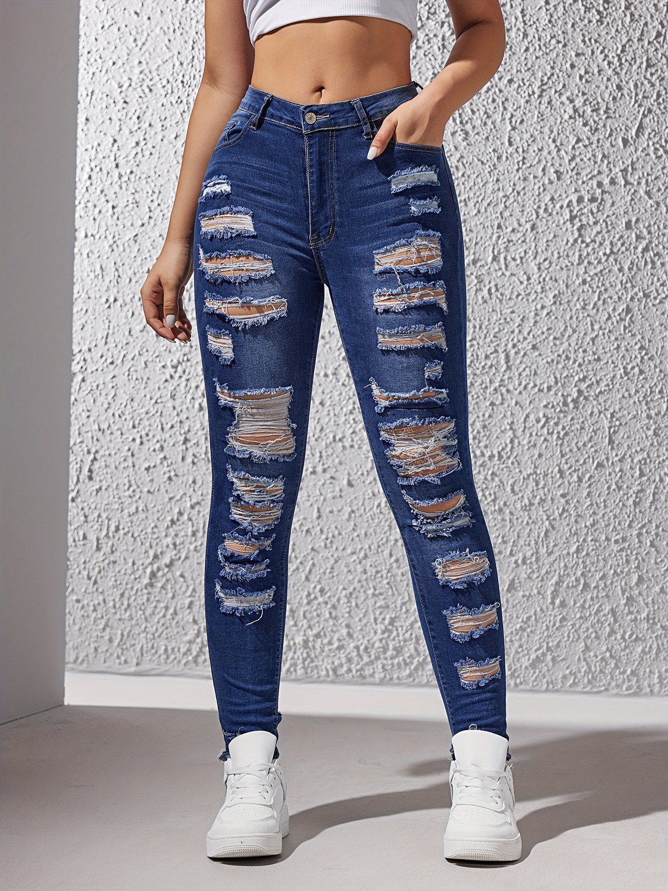 Dark Blue Distressed Skinny Jeans, Slim Fit Ripped Holes * Hem High-Stretch  Tight Jeans, Women's Denim Jeans & Clothing