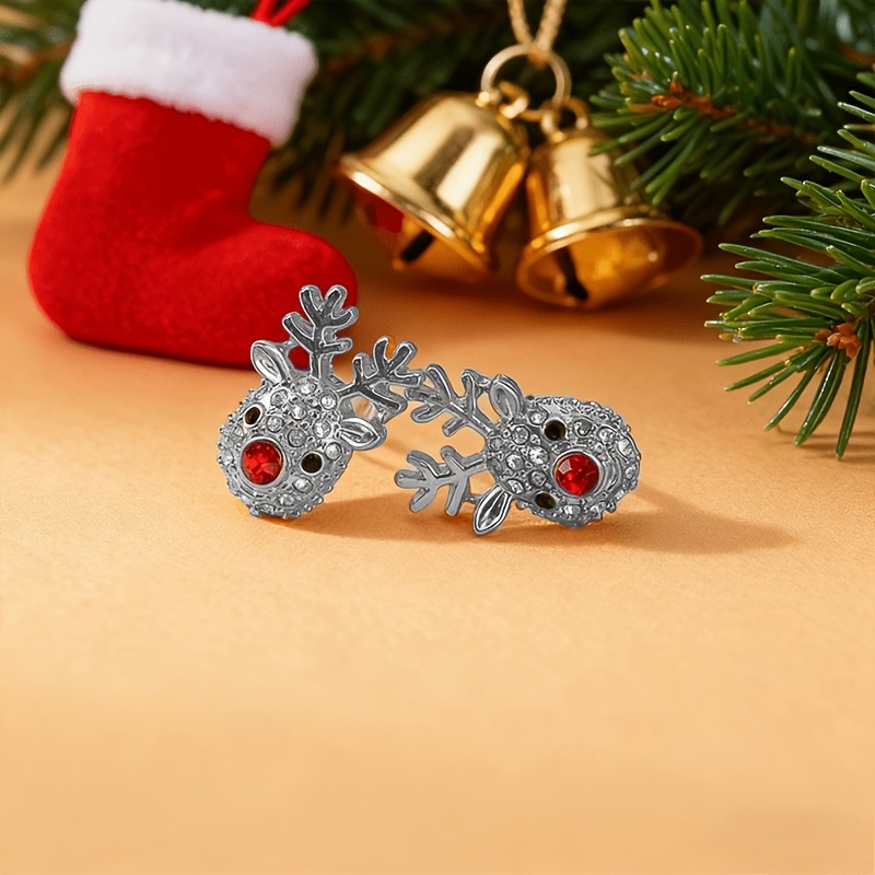 TEMU 1 Pair Silvery Rhinestone Reindeer Stud Earrings, Cute Women's Christmas Earrings, Christmas Gift
