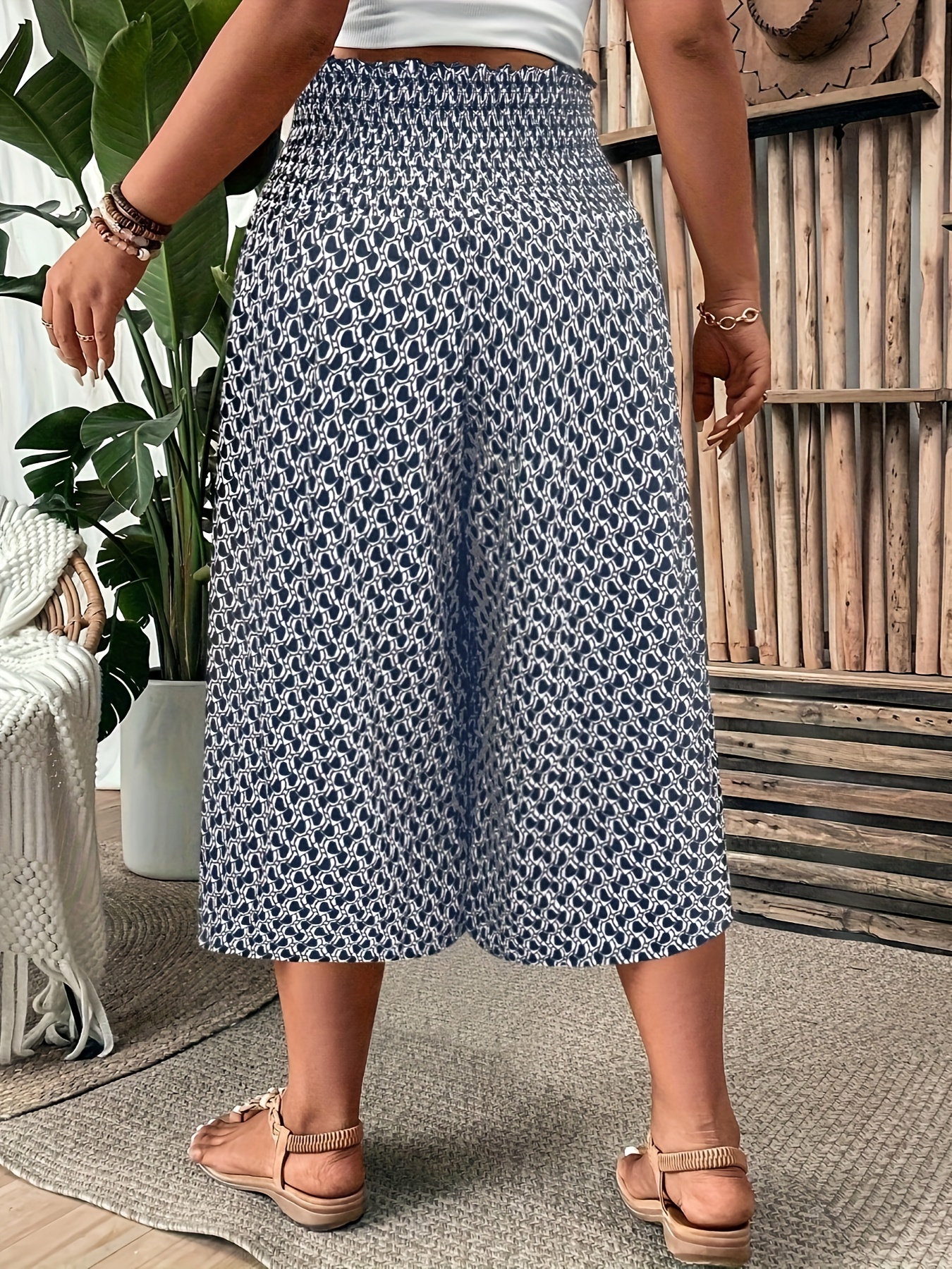 plus size print wide leg capri pants casual shirred elastic