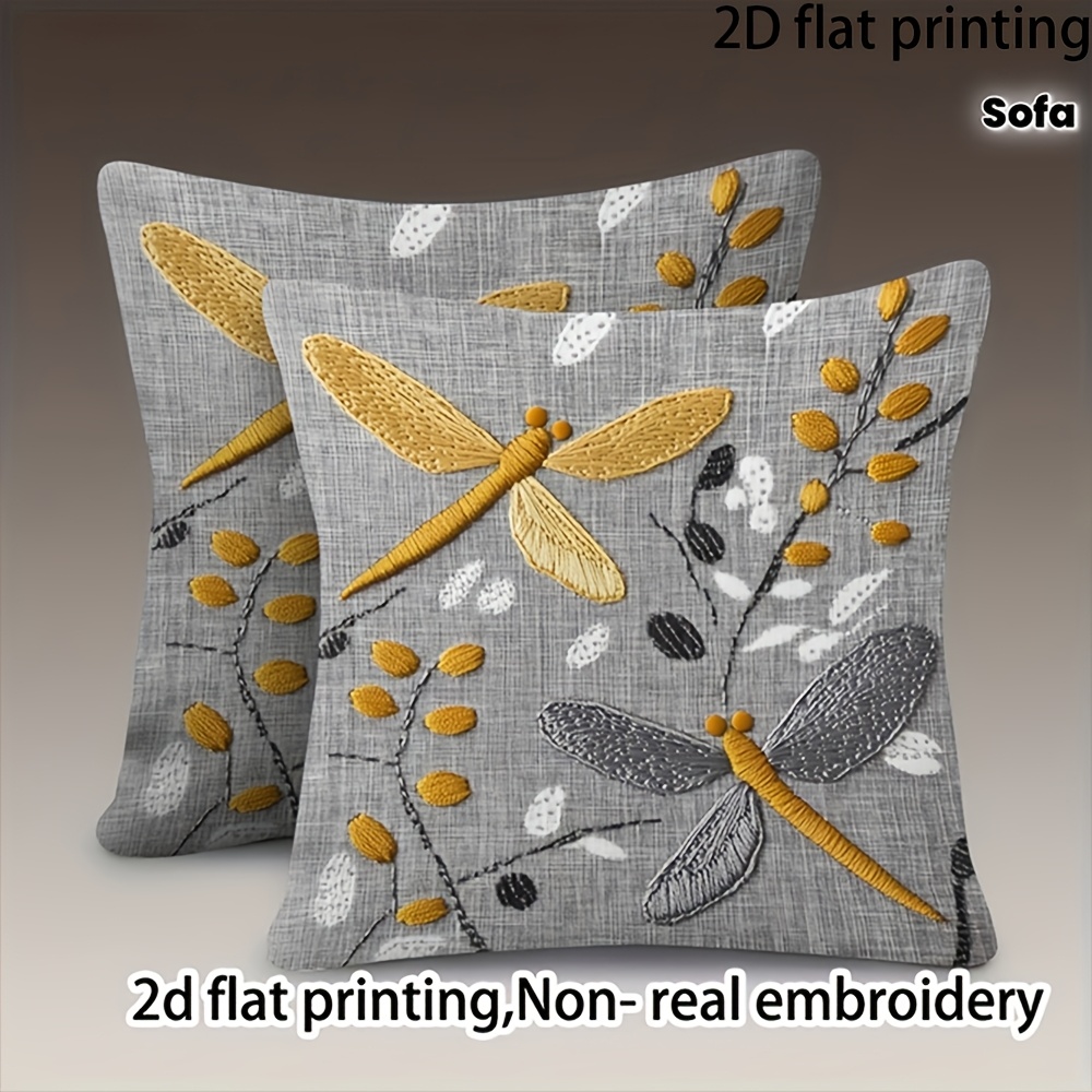 TEMU 2pcs 2d Flat Gray Background Yellow Dragonfly Pillowcases, Non-true Embroidery Ultra-exquisite, Office Chair Back Cushion Covers, Durable