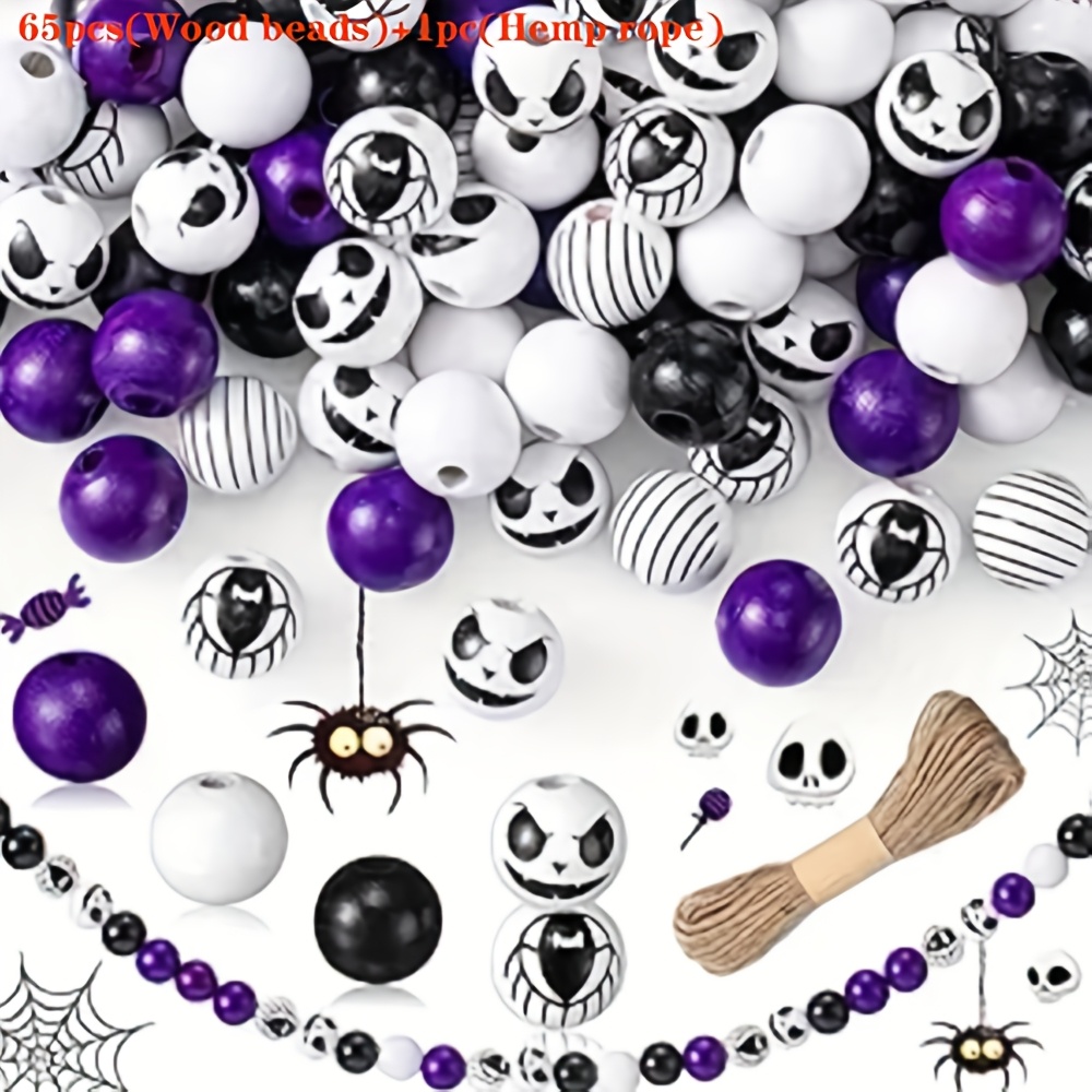Image of Ywli 65pcs Wooden Beads+1pc Hemp Rope Halloween Mixed Color Decorative Beads